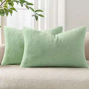 Pallene Faux Fur Plush Lumbar Throw Pillow Covers 12x20 Set of 2, Soft Fluffy Couch Pillow Covers for Living Room, Sage Green