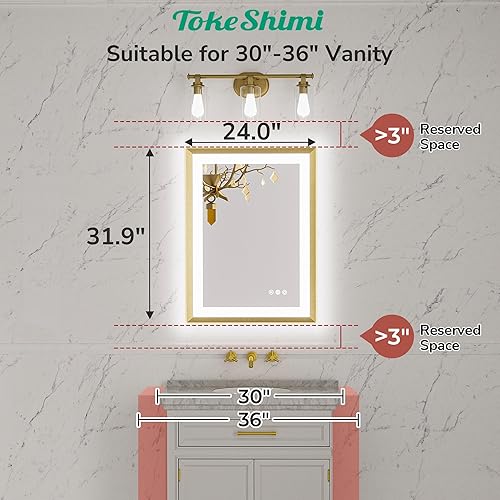 Miniatura 2 de TokeShimi Espejo de tocador de baño LED de 24 x 32 pulgadas con marco dorado retroiluminado y frontal iluminado de aluminio rectangular con borde