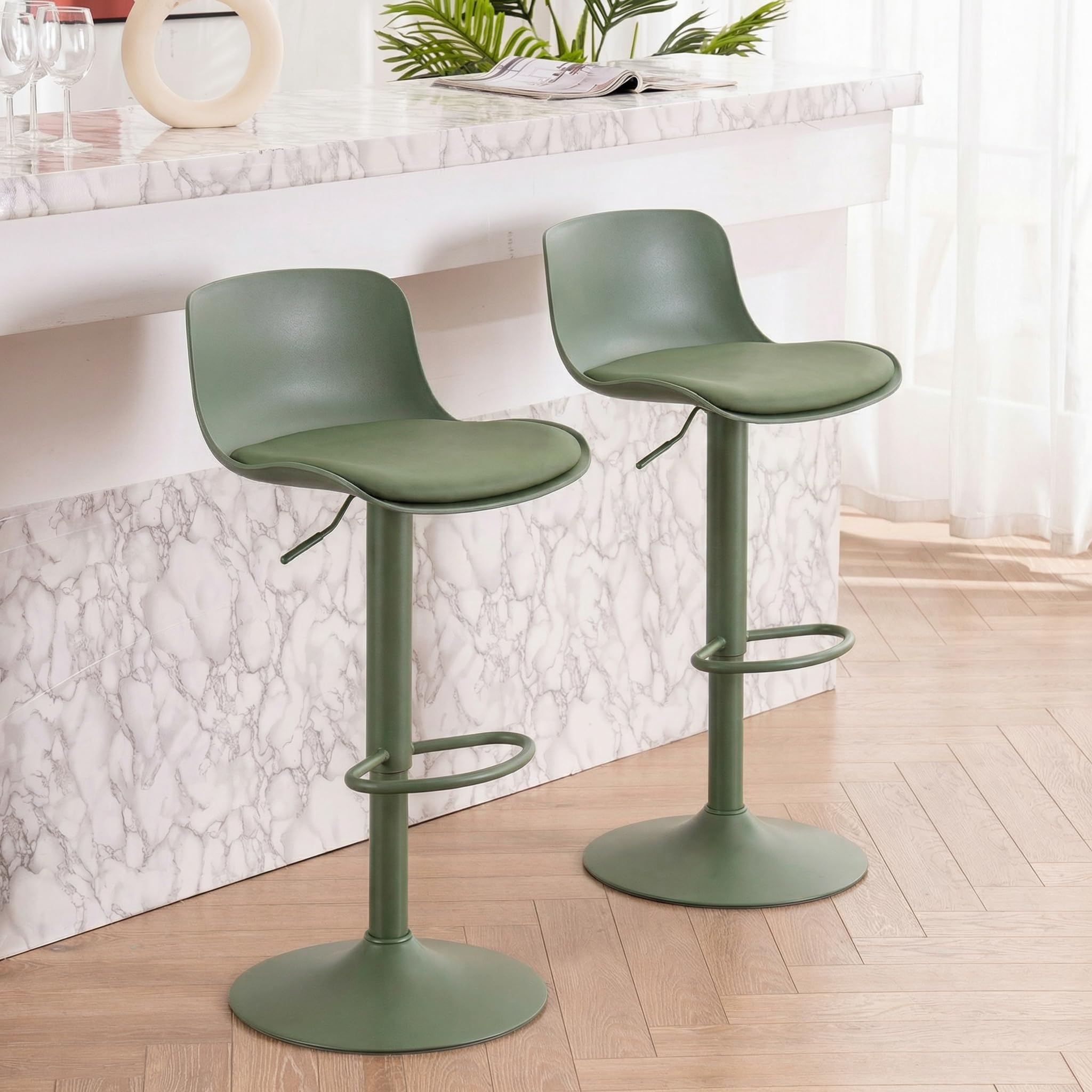 YOUNIKE Sgabello da Bar Verde Set di 2, Sgabelli da Cucina Girevole 360° Regolabili Altezza con Poggiapiedi, Moderno Seggiolone per Bar, Cucina, Bancone