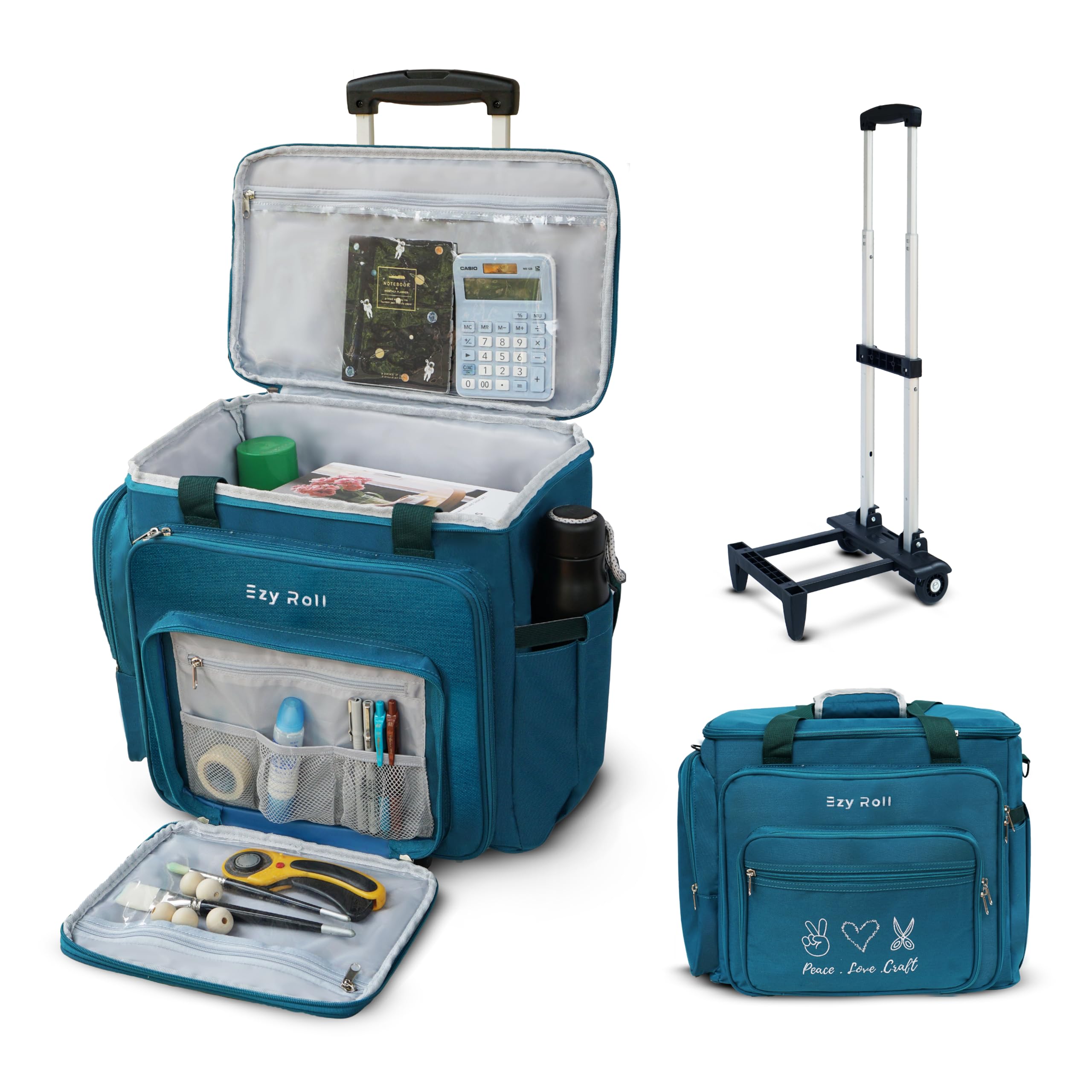 Ezy Roll Large Craft Bag With Detachable Wheels - Water Resistant Storage Organizer, Teacher Tote, Work Bag, Sewing Machine Case - Blue