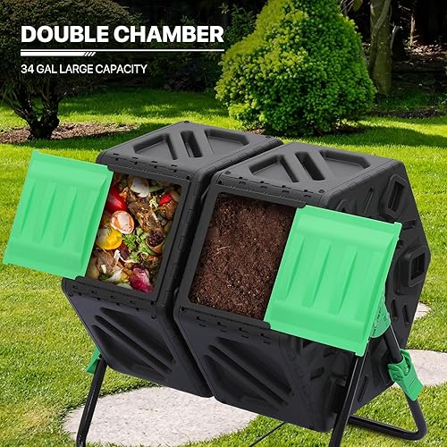 Miniatura 5 de MoNiBloom Contenedores de compostaje de 34 galones para exteriores de doble cámara, compostador para todo el año, compostador de alto volumen con 2