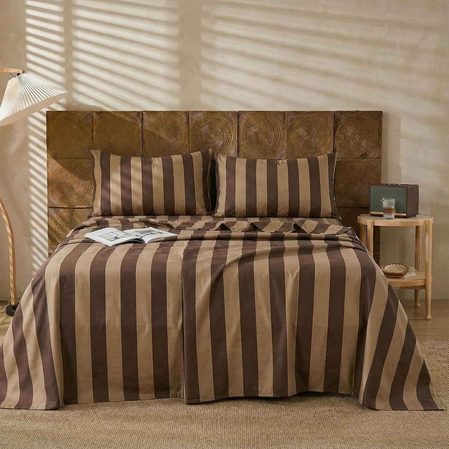 Merryword 100% Cotton Sheet Set Queen Size - Brown and Khaki Stripes Bedding, Soft Breathable Percale Weave, Wide Stripe Deep Pocket Sheet 17.5", Luxury Linen Like, 4-Piece All Season Bedding