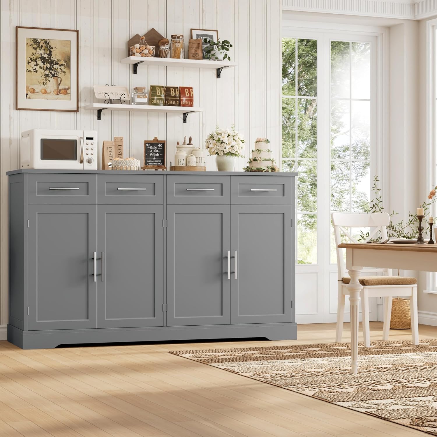 HOSTACK 60" Large Buffet Sideboard with Storage, 36" Tall Kitchen Buffet Storage Cabinet with 4 Drawers, Modern Coffee Bar Cabinet with Silver Handles, Long Sideboard Buffet Table for Kichen, Grey