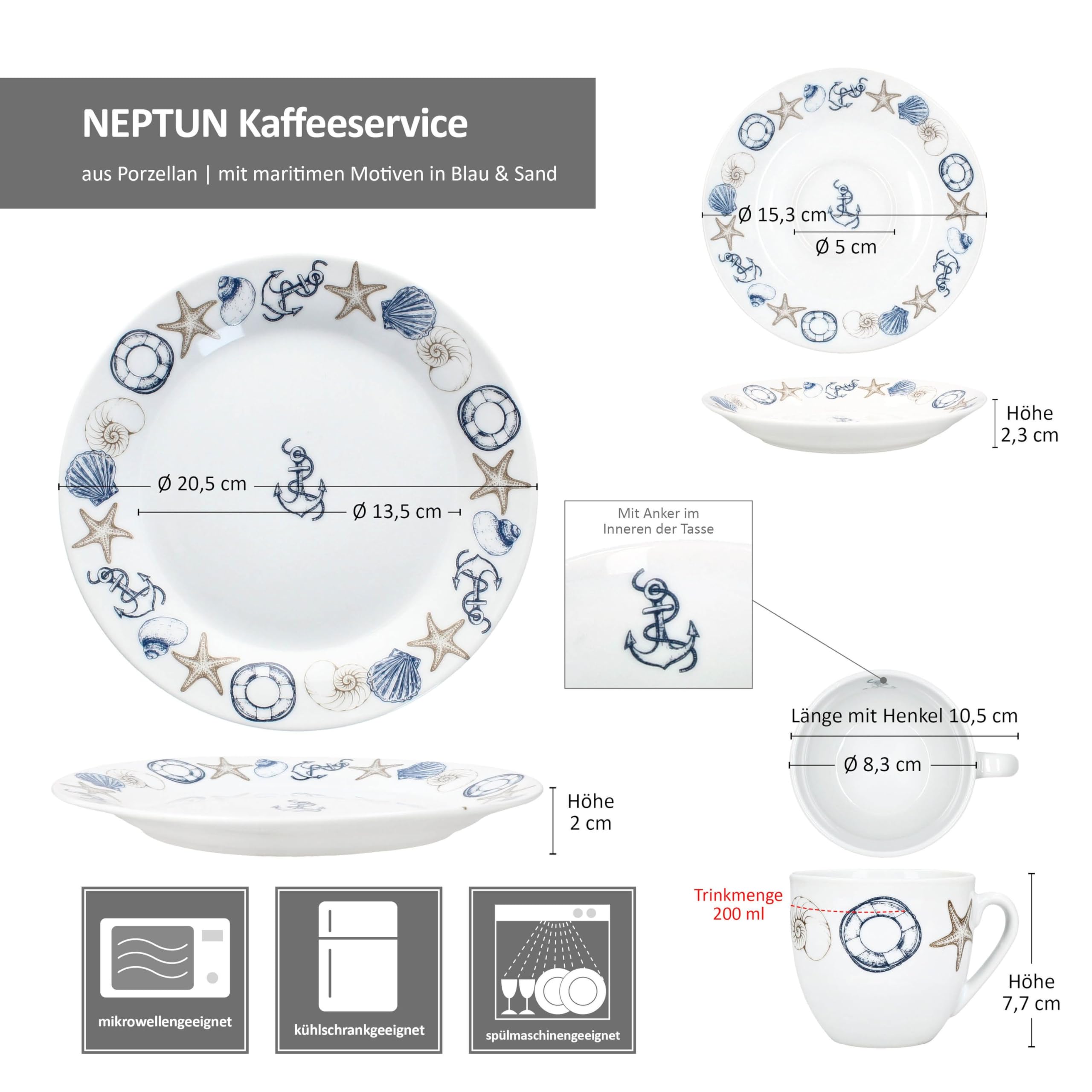 MamboCat Neptun Service à café 18 pièces I Vaisselle en porcelaine avec motifs maritimes Ancre, Coquillage & Co pour 6 personnes I 6 tasses de 200 ml, soucoupes et assiettes pour petit déjeuner et