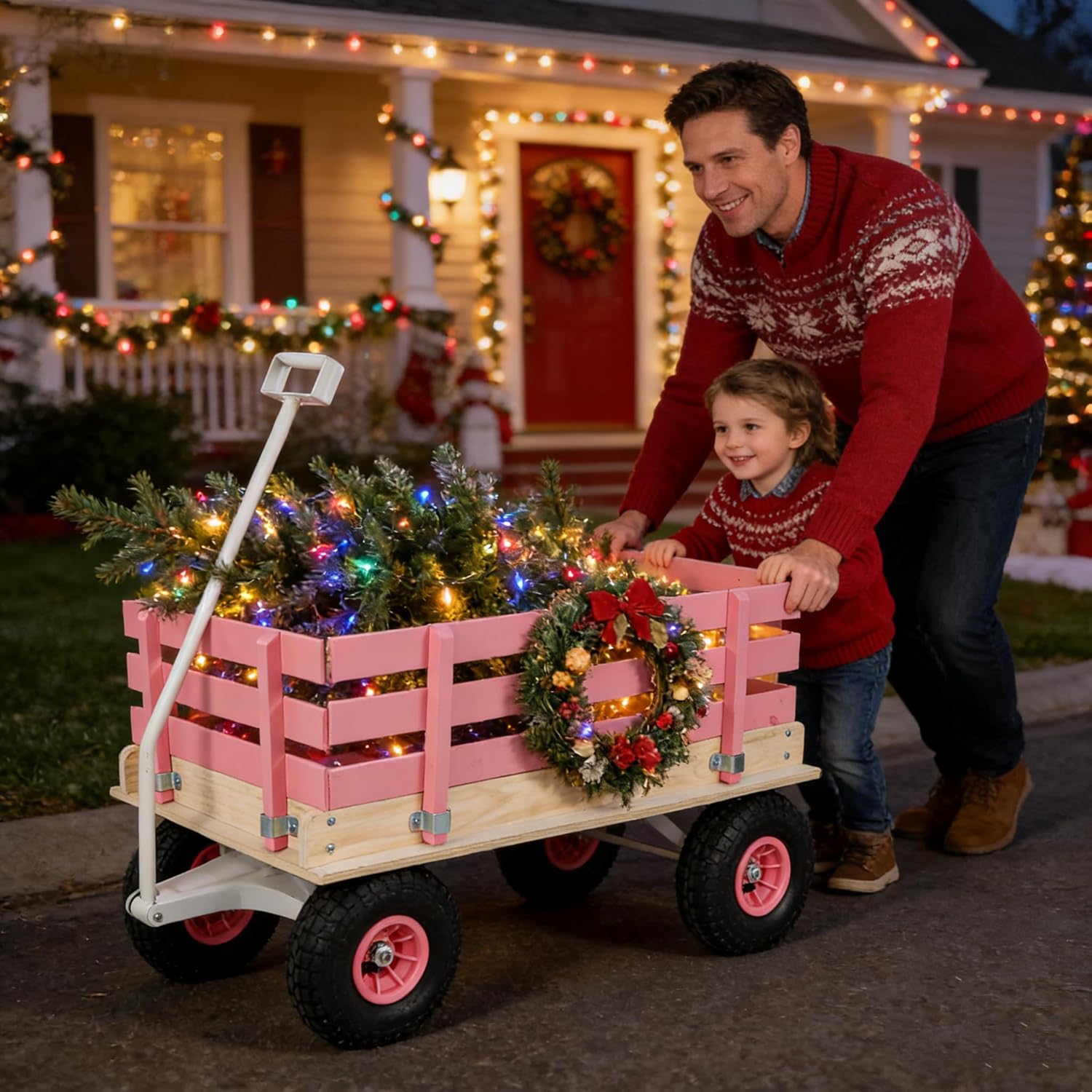 Pink Wooden Kids Pull Wagon with Removable Side Rails & All-Terrain Wheels, Heavy Duty Outdoor Garden Cart for Toddlers, Portable Toy Wagon for Beach, Camping & Backyard Play