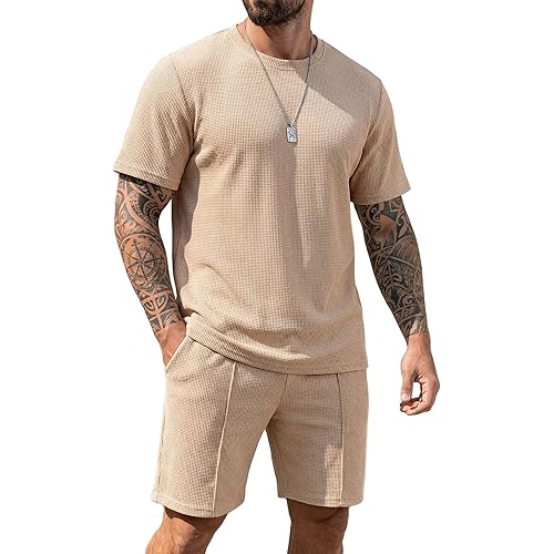 COOFANDY Mens 2 Pieces Outfits Casual Cotton T Shirt and Shorts Set Summer Short Sleeve Waffle Tracksuits