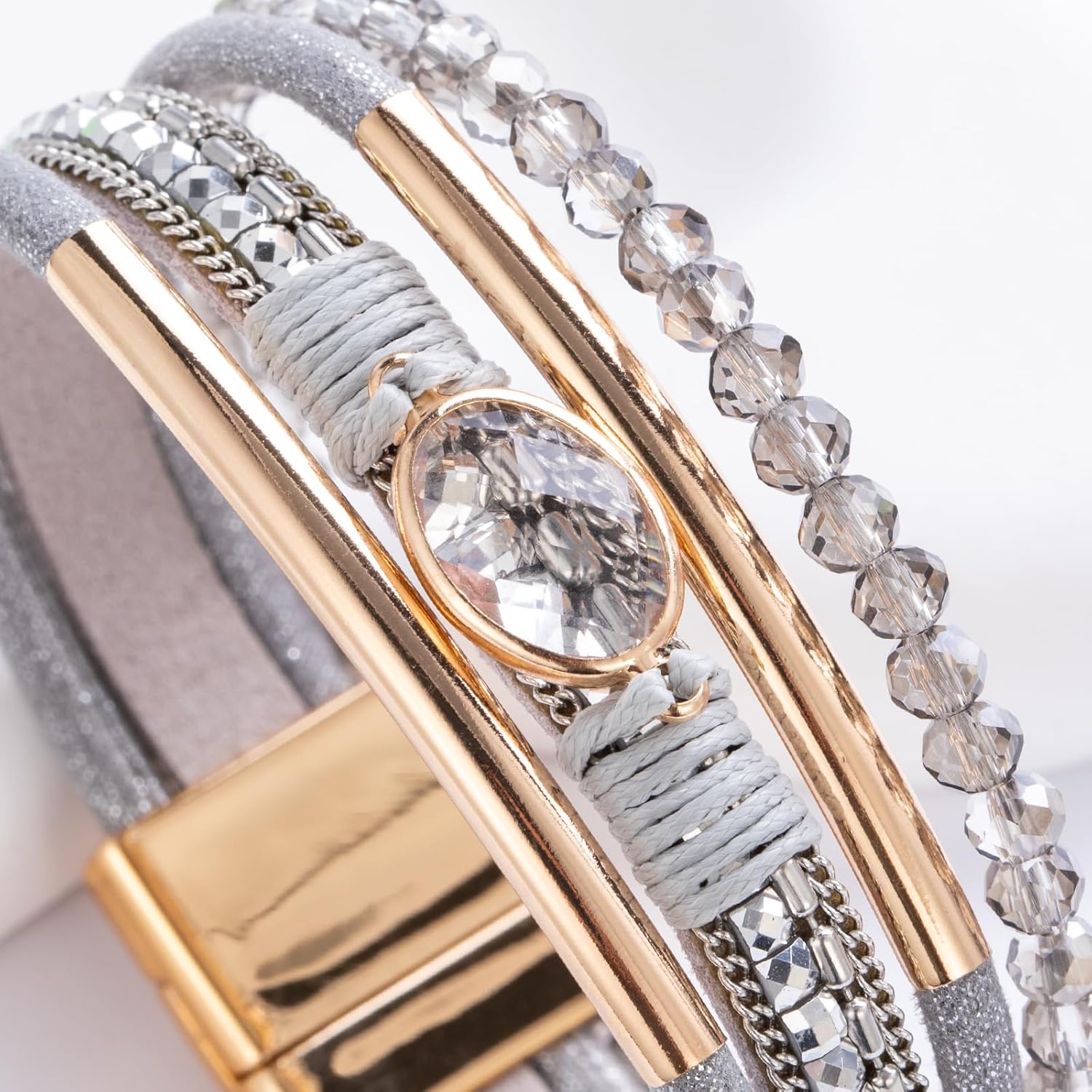 FANCY SHINY Leather Wrap Bracelets Crystal Beads Bracelet Boho Cuff Stone Charm Bracelets with Clasp Costume Jewelry for Women - Image 5