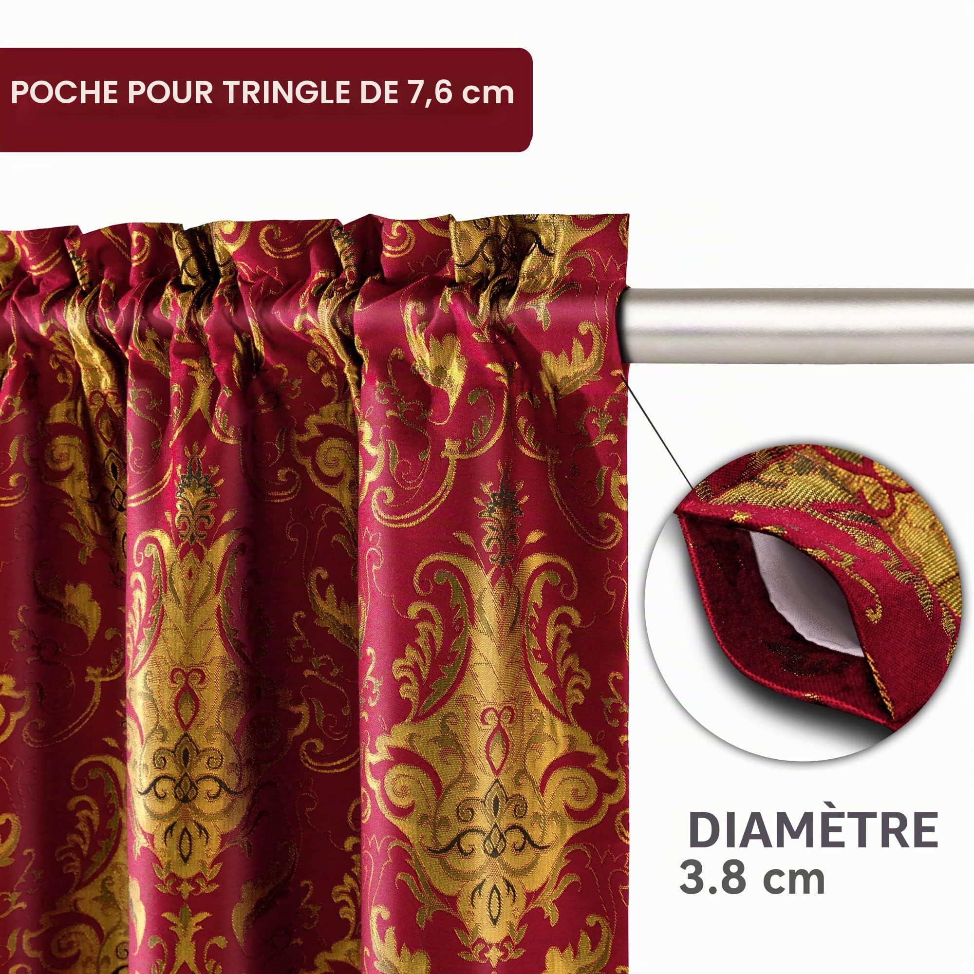 Rideaux Occultants Damassés avec Doublure Blanche, Rideaux Thermique Isolant Anti Chaleur/Froid 132x213cm 2 Panneaux Décoration Chambre Salon (Bordeaux)