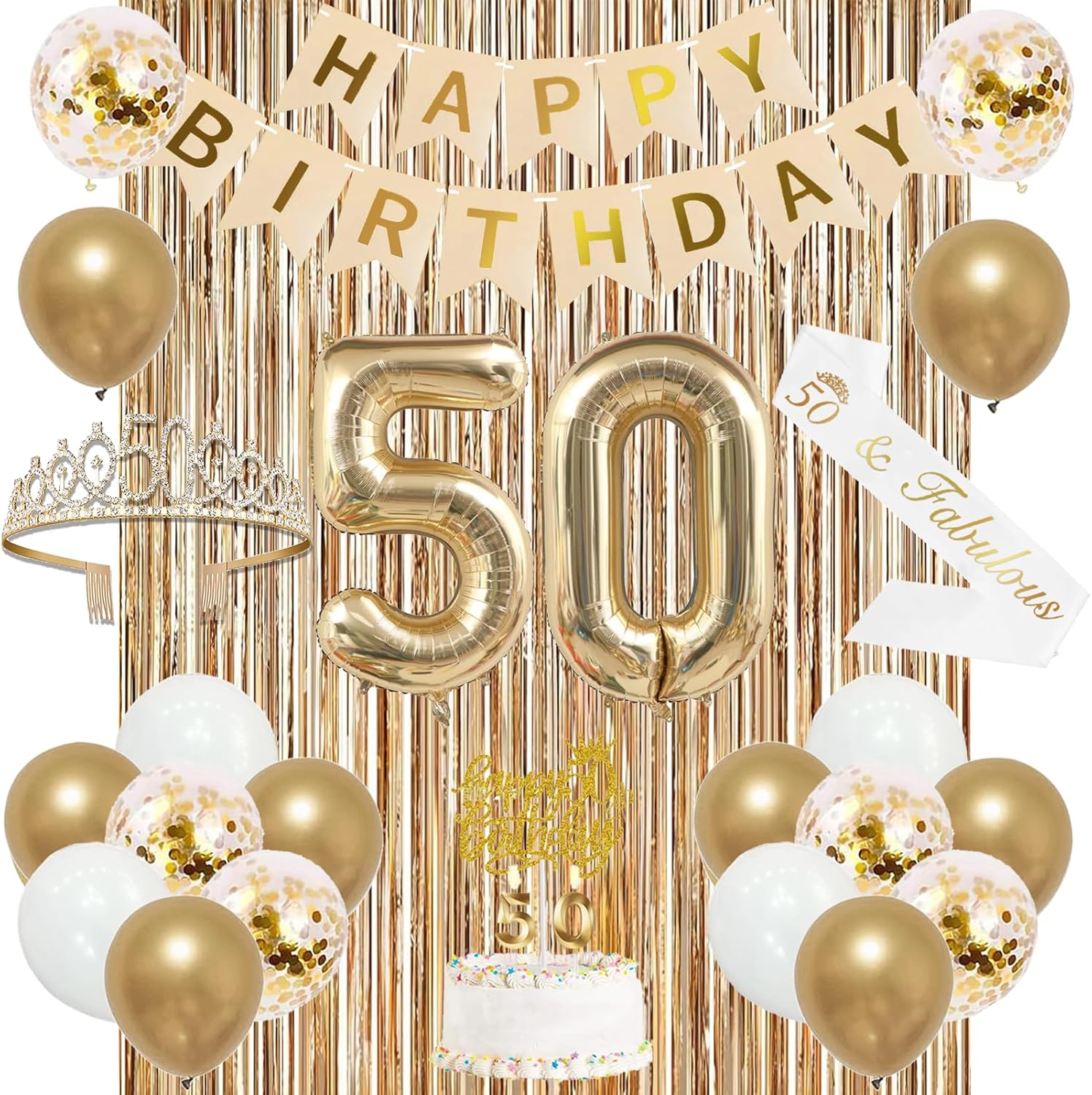 Trgowaul 50th Birthday Decorations for Women, Banner, Sash and Crown, Cake Topper, 50 Number Balloon, Fringe Curtains, Champagne Gold 50th Birthday Party Supplies