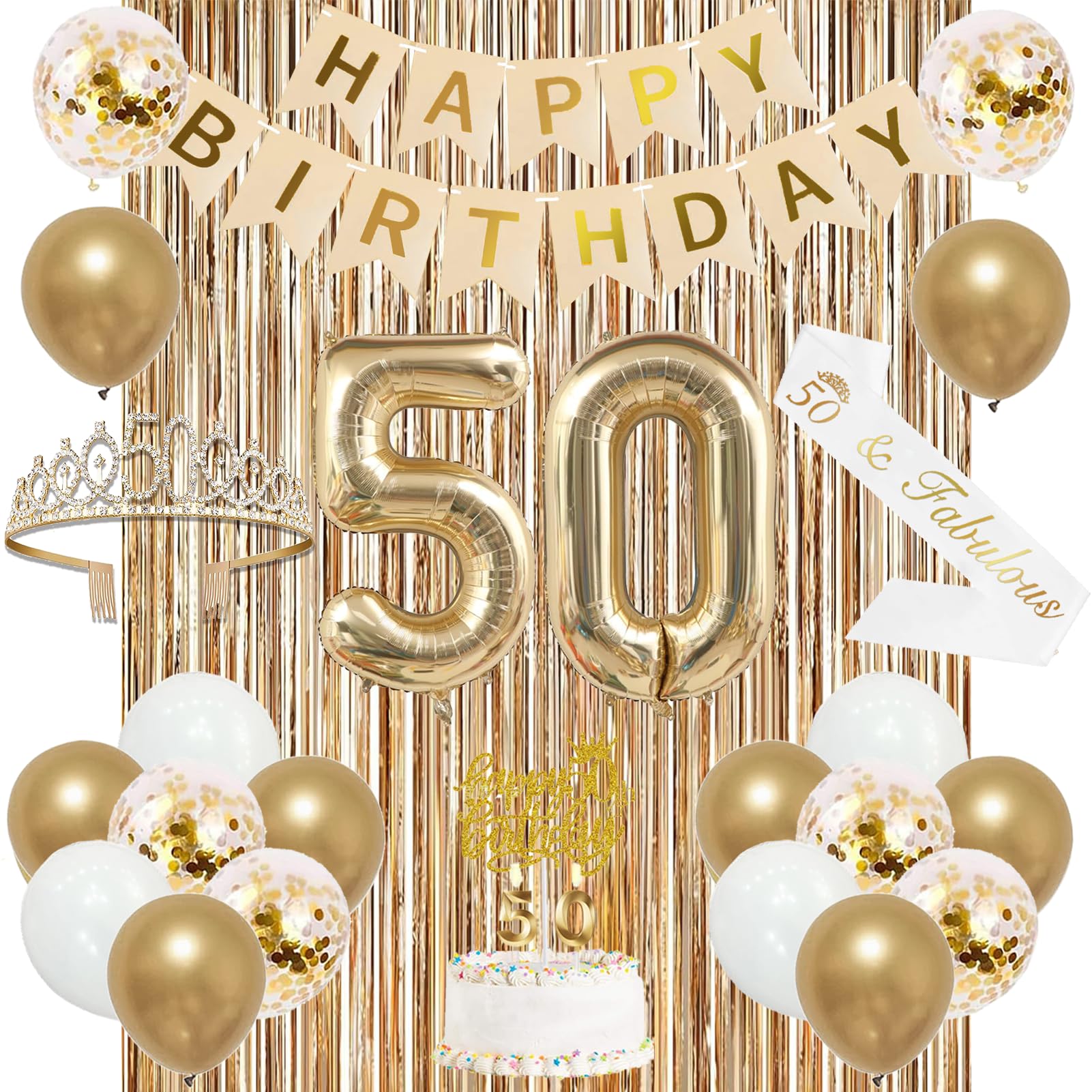 Happy 50th Birthday Banner - Gold Glitter Garland For Milestone Party Decor (5 Meter Length)