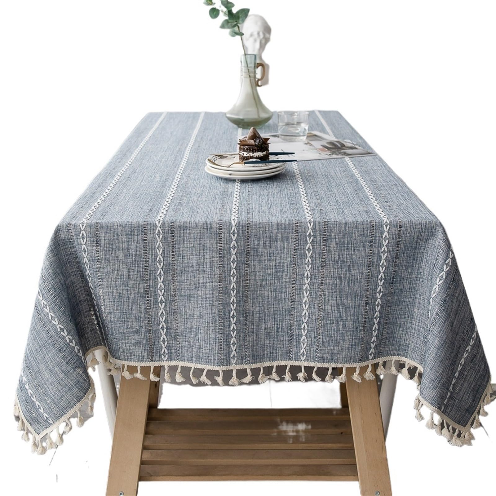 XIUsheUA tablecloth Cotton Linen Stripe Tassel Tablecloth Stain Resistant Dust-Proof Table Cover for Kitchen Dinning Tabletop Decoration Rectangular(Blue,140x220cm)