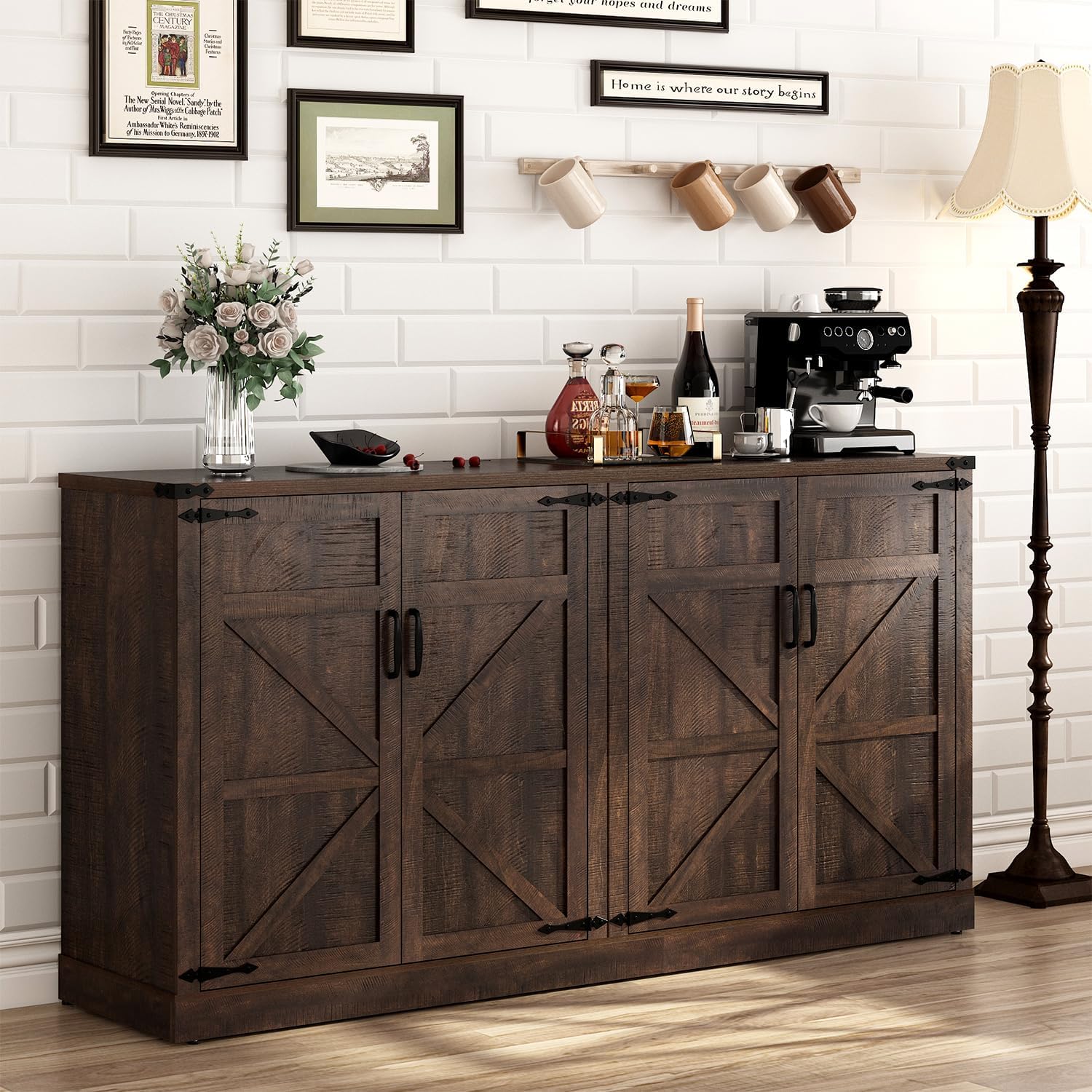 Sideboard Buffet Cabinet with Storage - 65 Inch Farmhouse Kitchen Pantries Sideboard Cabinets with Adjustable Shelves, Wooden Coffee Bar Cabinet Buffet Table for Kitchen, Dining Room, Brown