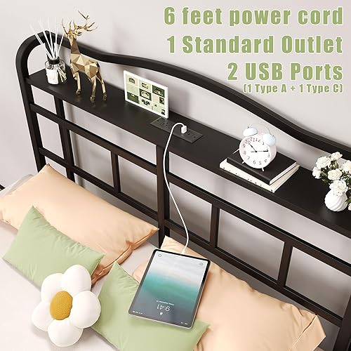 Miniatura 3 de Base de cama de metal de 18 pulgadas, base de colchón básica de plataforma resistente de color negro con cabecera y estación de carga, no necesita