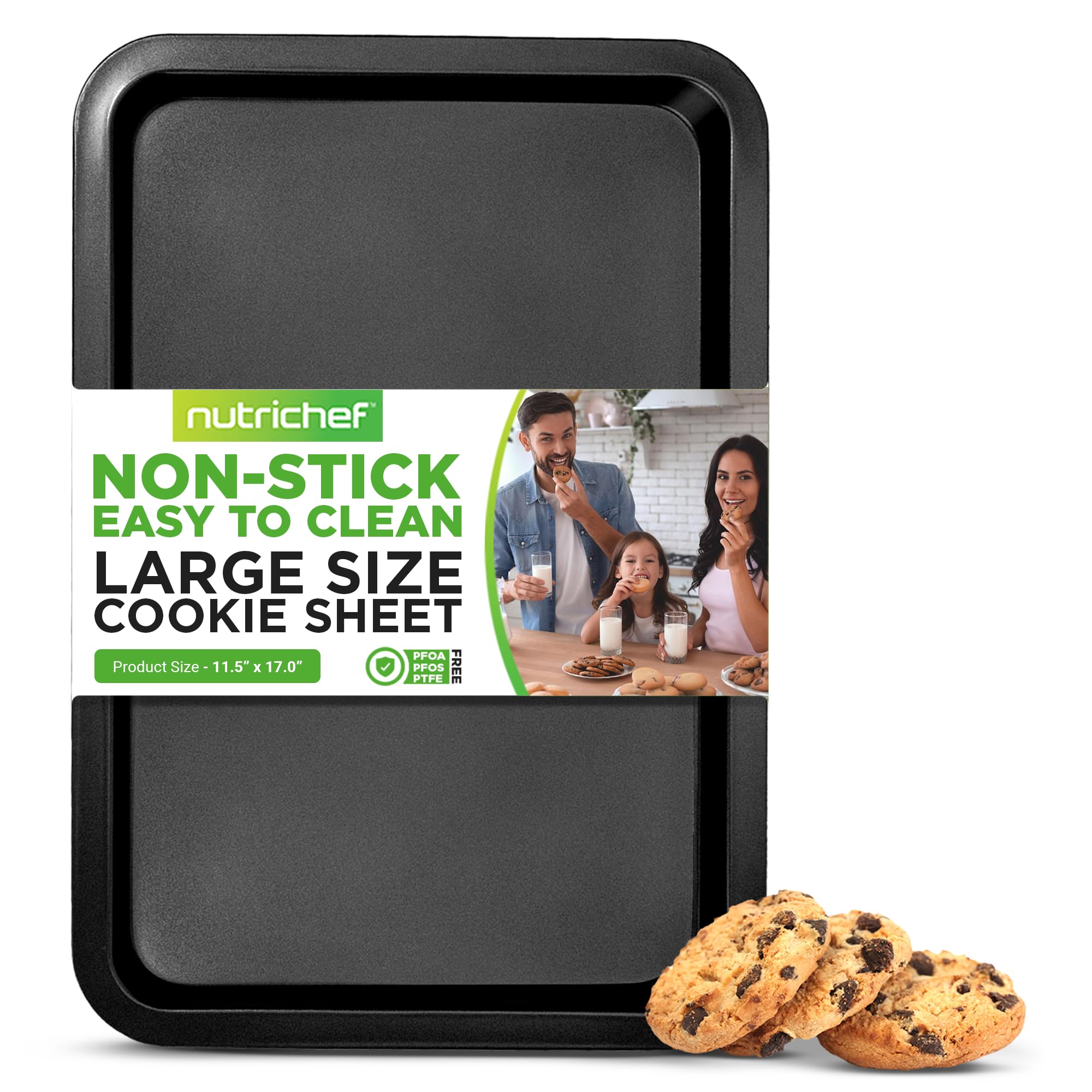 Nutrichef Large Cookie Sheet, Nonstick Gray Silicone Coating, Easy Clean & Durable Baking Sheet, Commercial Grade Oven Pan, Stackable Tray Design, Dishwasher Safe, PFOA, PFOS, PTFE Free, 17