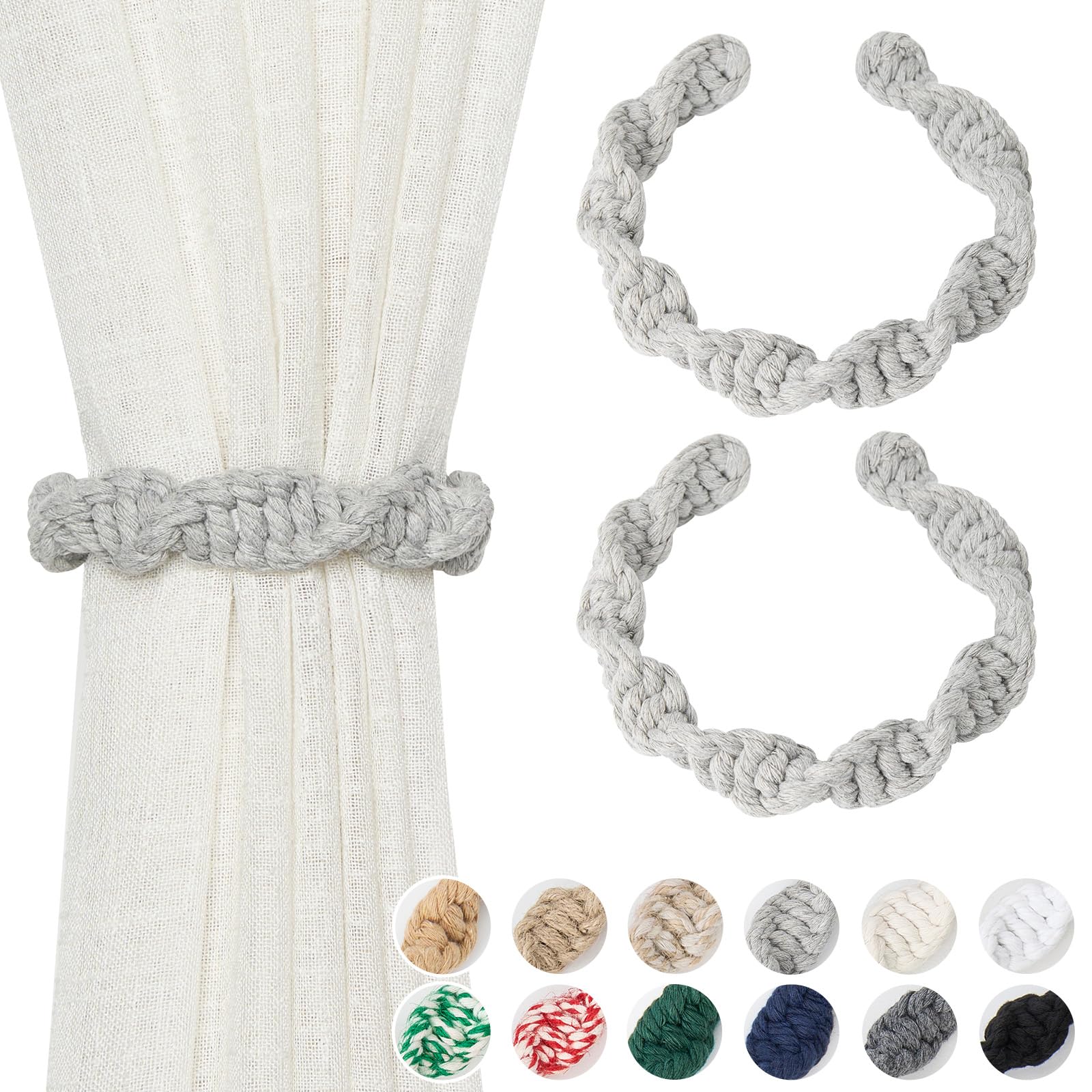 Pretty Jolly 2 Pack Natural Cotton Rope Curtain Tiebacks Farmhouse Rustic Style Decorative Drape Tie Backs Spiral Braided Curtain Holdbacks for Home & Office Sheer/Light Weight Drapery (C-Light Grey)
