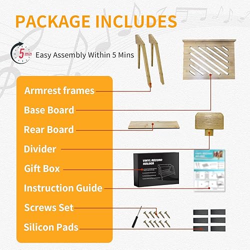 Miniatura 8 de Soporte de almacenamiento de discos de vinilo de bambú, capacidad para hasta 80 discos de 12 pulgadas, diseño original de modelado de sillas para