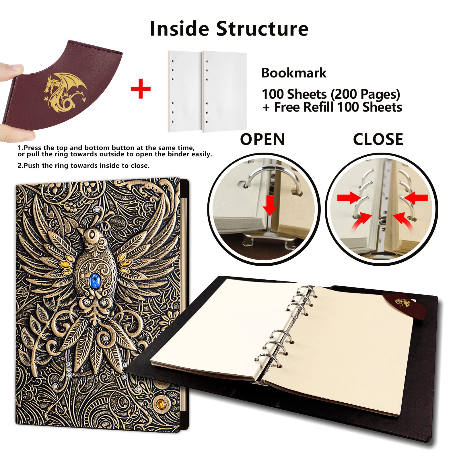 Ancient Deer Journal en relief 3D DND, classeur rechargeable à 6 anneaux et marque-page, carnet de croquis pour journal de campagne D&D, ensemble de dés Donjons et Dragons (Phénix bronze)