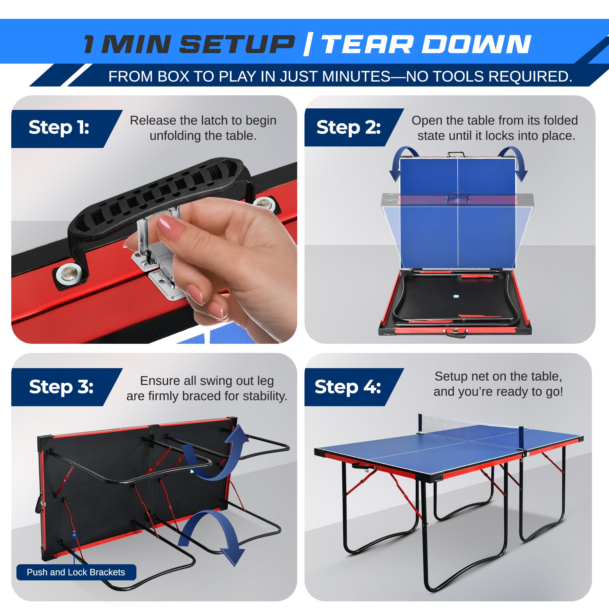 SereneLife Midsize Portable Ping Pong Table Set with Net, Clipper, Post - 6' x 3' Składany Space-Saving Design, Niebieski
