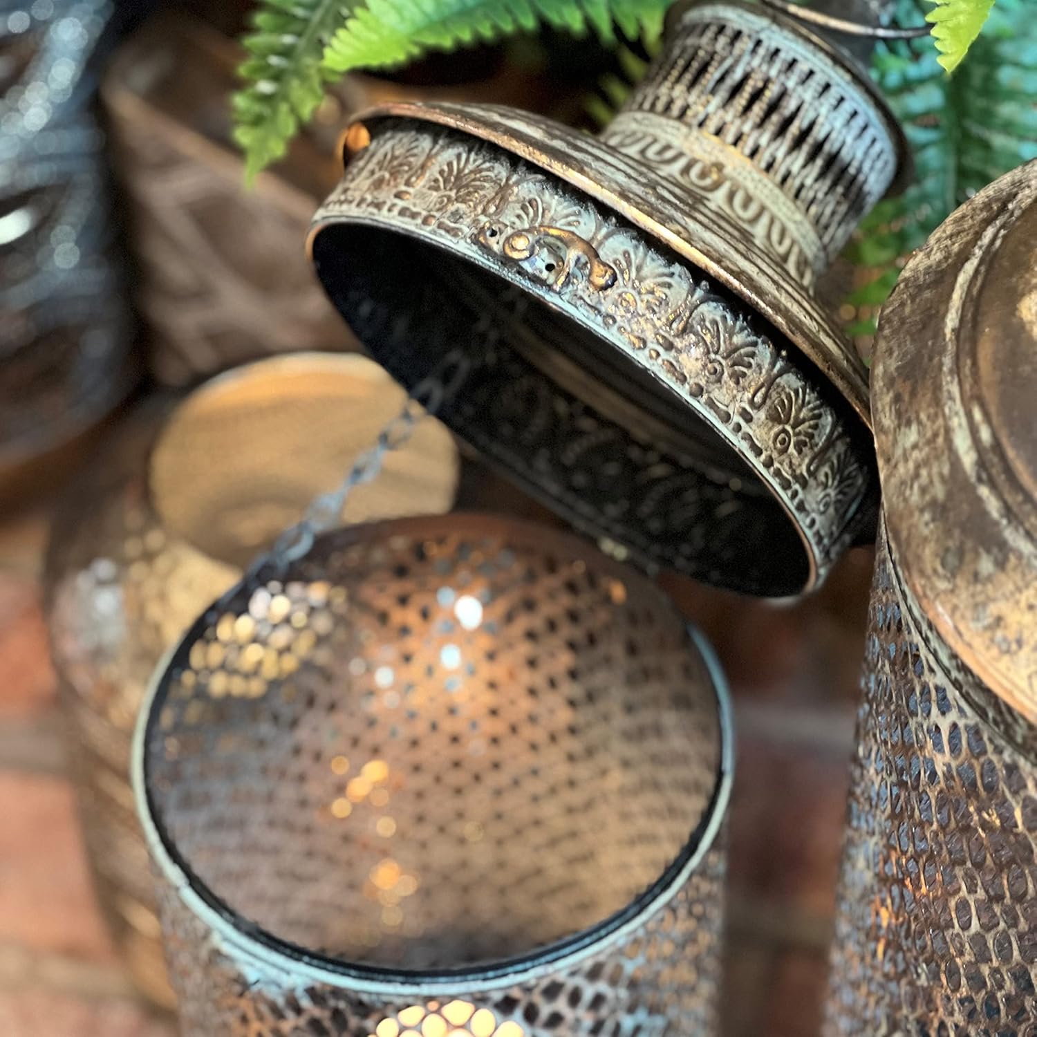 Moroccan Metal Temple Lanterns, Luxury Floor Hurricanes, Set of 2, for LED or Wax Candles, Sealed Iron, Antiqued Patina, Hinged Top, 29 and 22 Inches, the Global Chic Collection