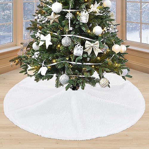 Faldas de árbol de Navidad de piel sintética de 48 pulgadas, faldas de felpa blanca, tapetes grandes para árbol de Navidad, adornos de Feliz Faldas de árbol de Navidad de piel sintética de 48 pulgadas, faldas de felpa blanca, tapetes grandes para árbol de Navidad, adornos de Feliz