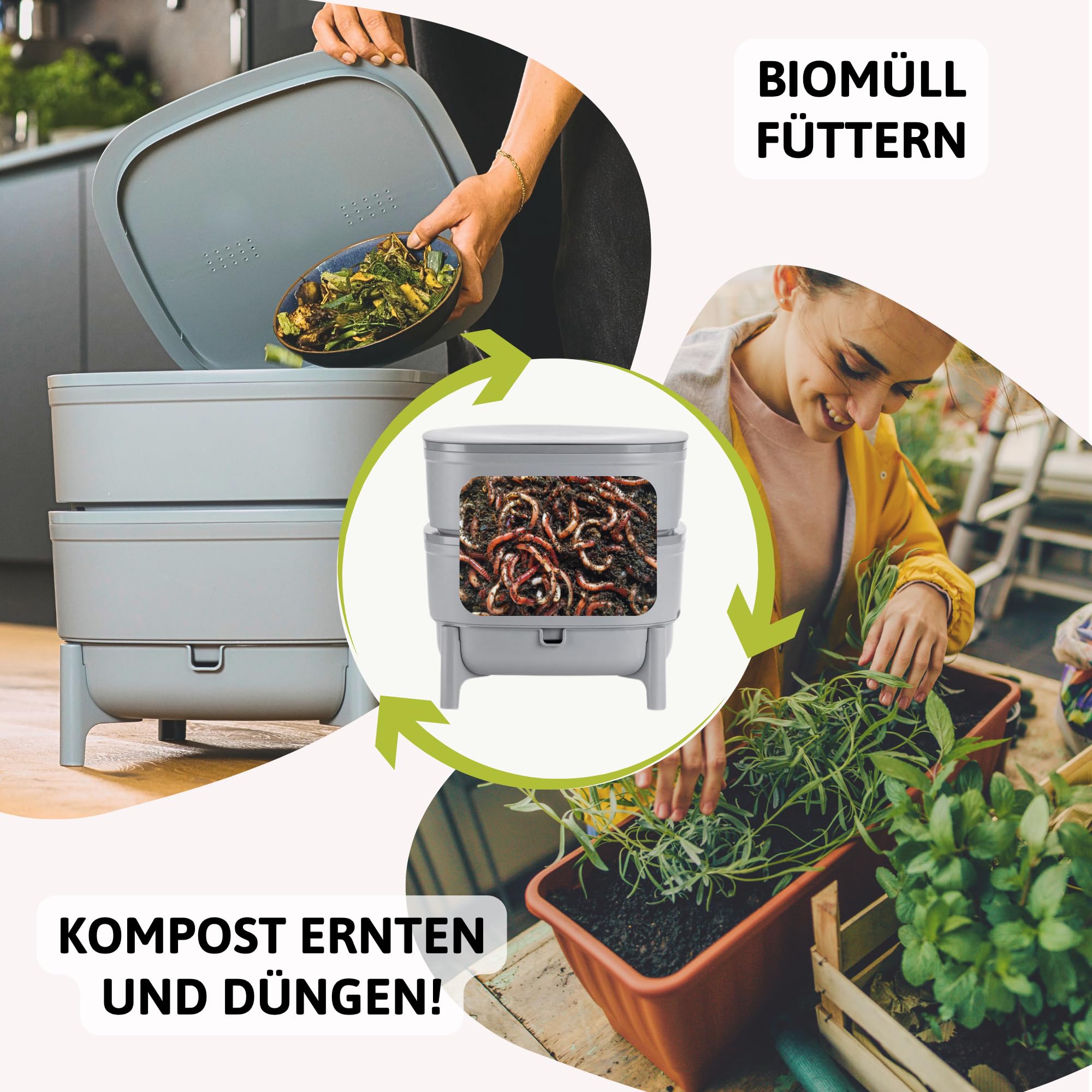 Wurmbox Komposter grau 3 Etagen | Wurmkomposter Starterset inkl. 500 Kompostwürmer