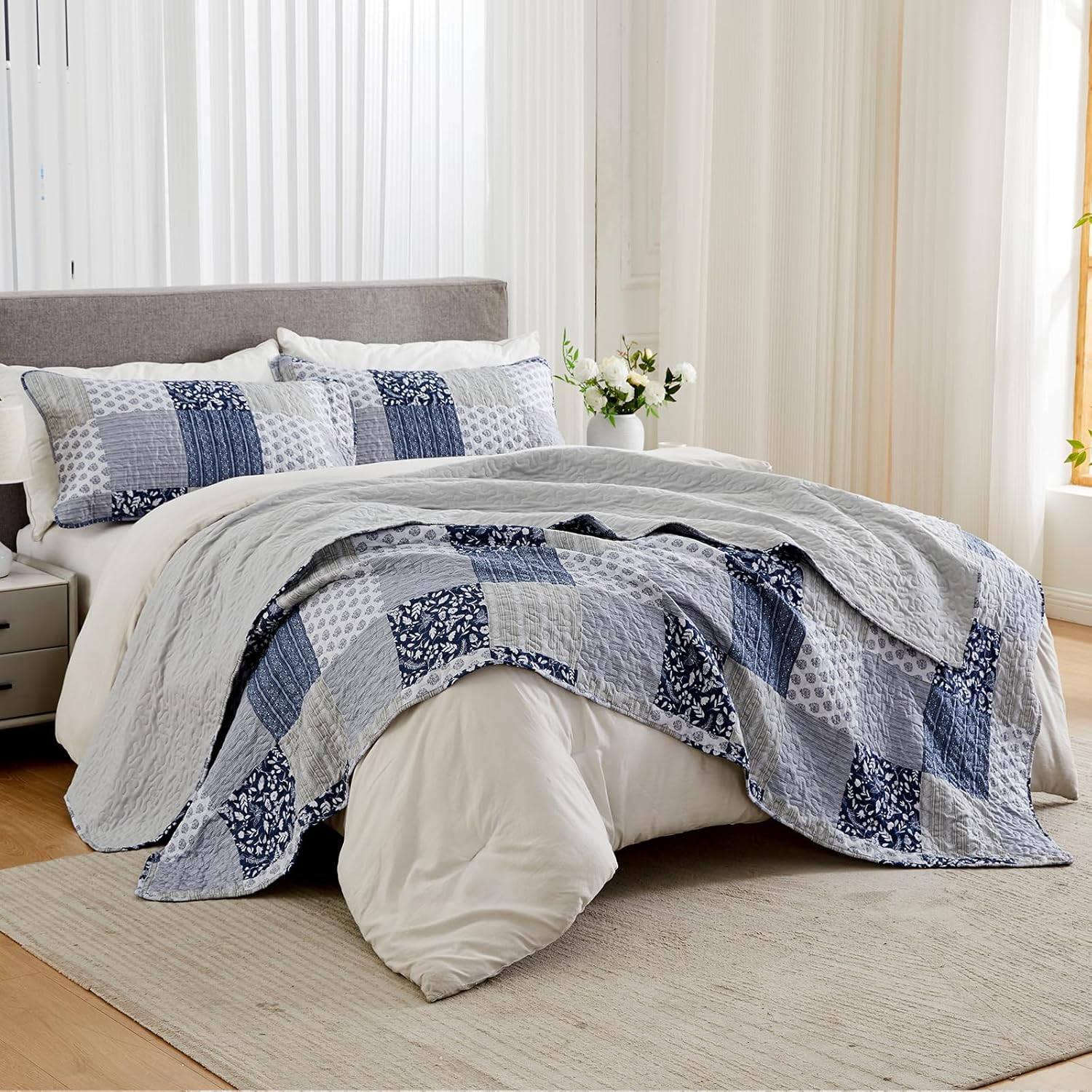 VIVILINEN Oversized King Size Quilt Set 128x120 Navy Blue Grey Bedspread Plaid Patchwork Extra Wide Super King Quilted Coverlet Bedding Set 3-Piece Reversible Lightweight Bed Cover Comforter Set - Image 9