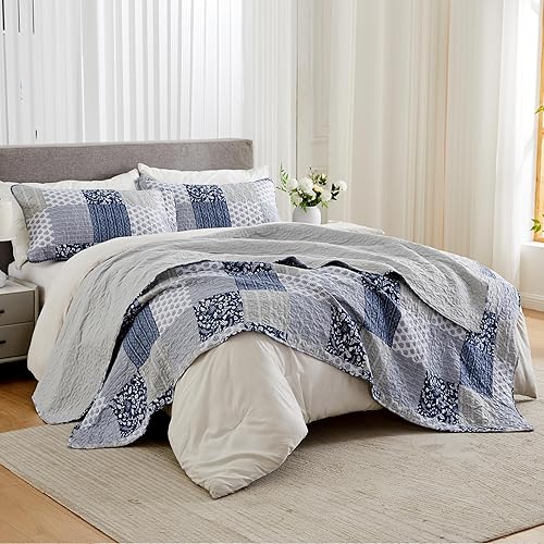 Miniatura 9 de Juego de edredón de retazos grises, tamaño matrimonial, queen, floral, reversible, acolchado, colcha acolchada de 3 piezas, juego de ropa de cama