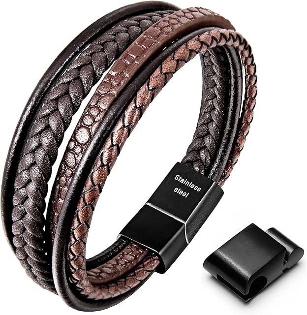 Speroto Mens Bracelet, Adjustable Premium Leather Bracelet for Men in Black and Brown with Stainless Steel Magnetic Clasp, Multi-Layer Braided Genuine Leather Bracelet Gift Idea for Men/ Women