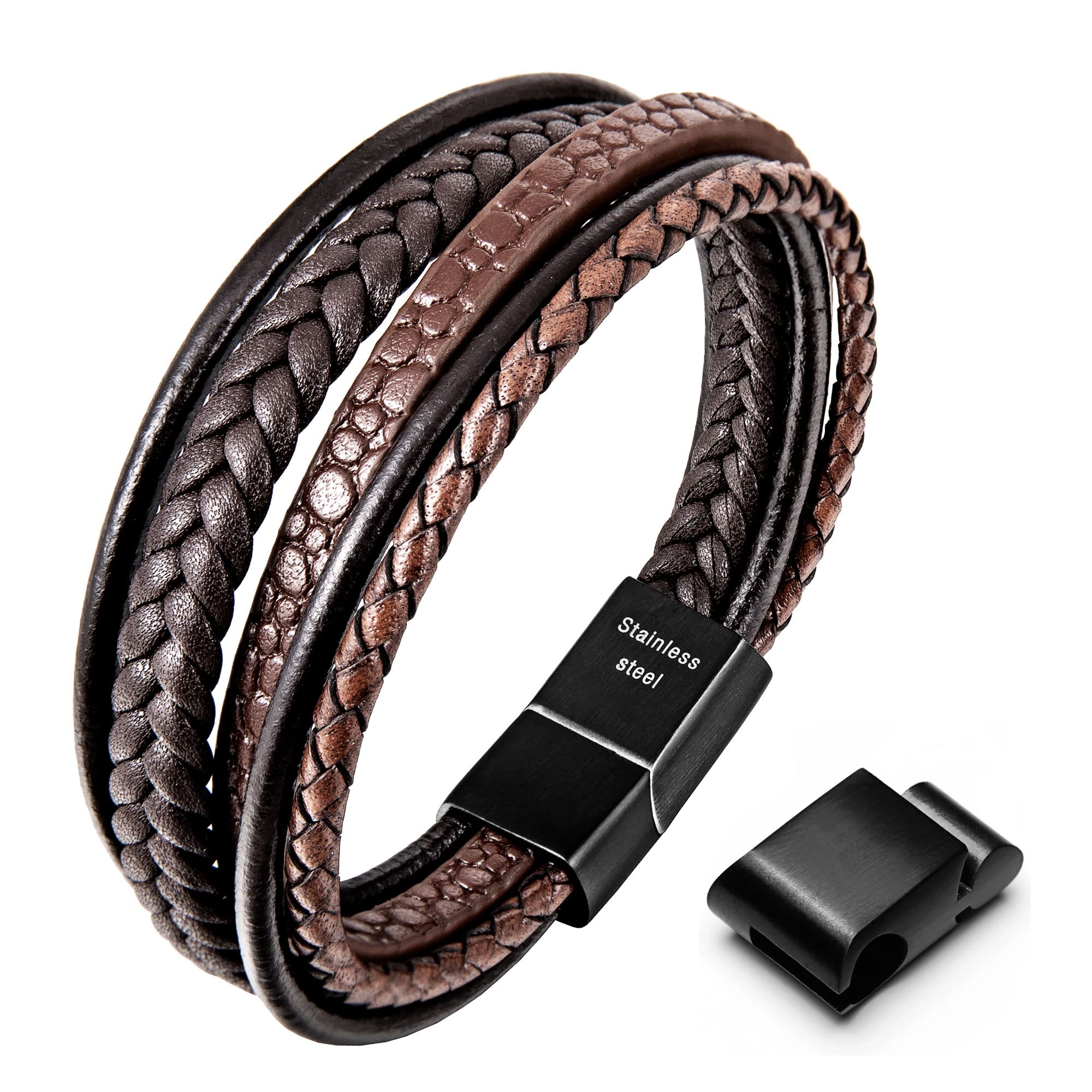 SperotoMens Bracelet, Adjustable Mens Leather Bracelet with Stainless Steel Clasp, Multi-Layer Braided Genuine Leather Bracelet for Men and Women