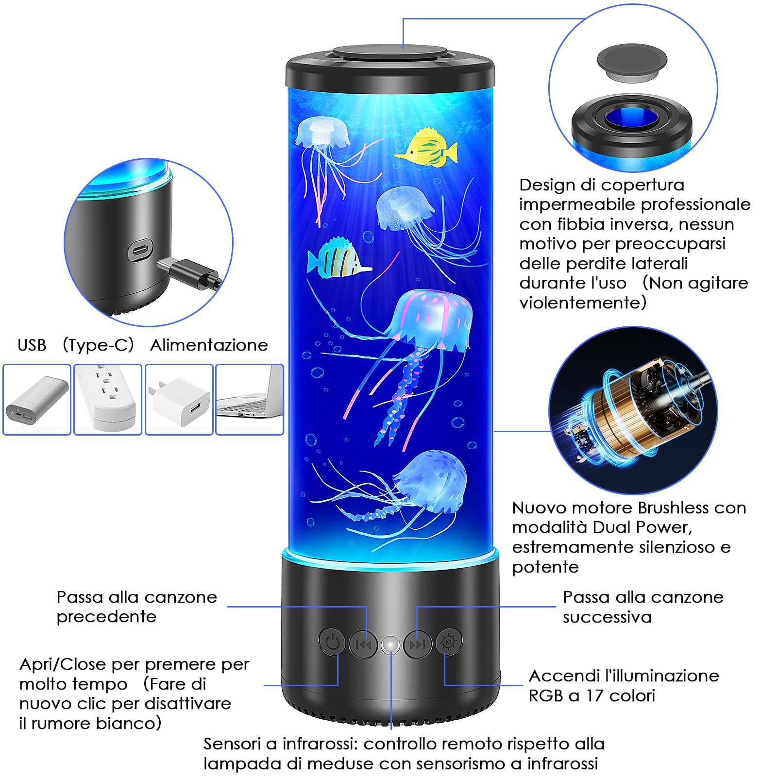 Radikor lampada medusa con 12 rumore bianco, jellyfish lamp con 10 colori e telecomando, Lampada acquario medusa led per bambini e adulti, lampada jellyfish per il relax, decorazione della casa