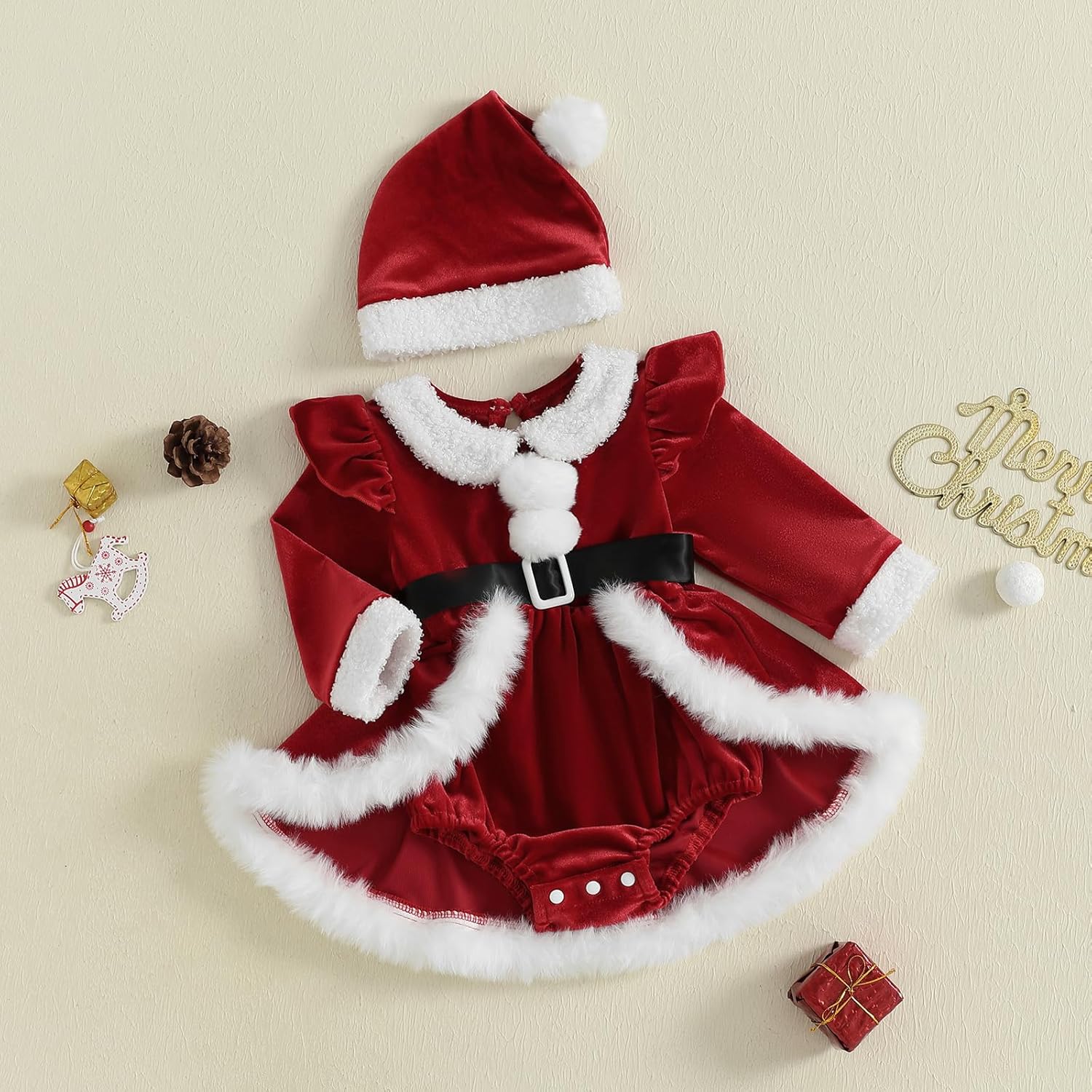 Newborn Baby Girl Christmas Outfit Ruffle Long Sleeve Red Velvet/Plaid Romper Dress Xmas Cute Fall Winter Clothes - Image 4