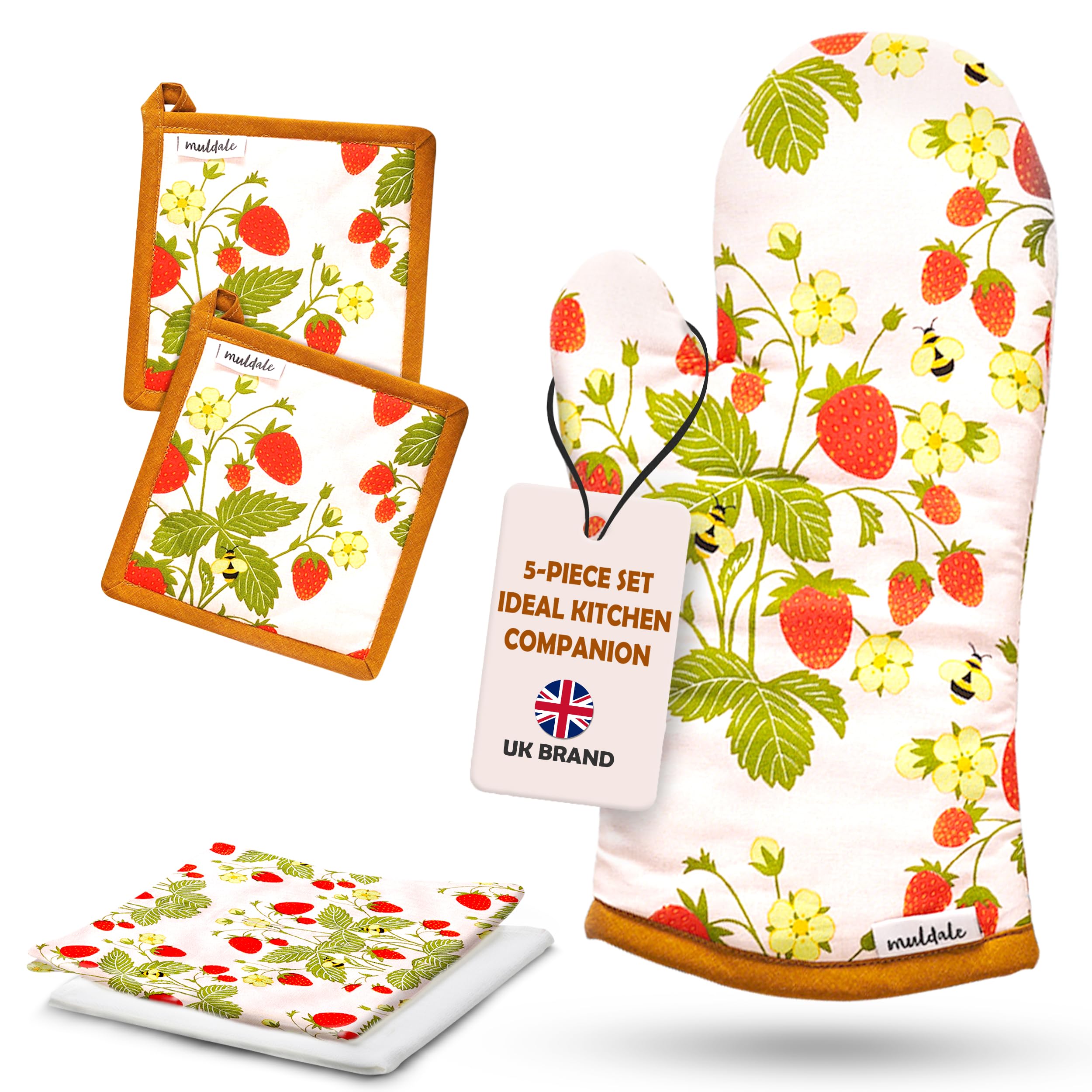 Muldale Oven Mitt and Kitchen Towel Set - Somerset Strawberry Dish Towels and Pot Holders - 5 Pack - Textiles Decor Accessories - Kitchen Mittens