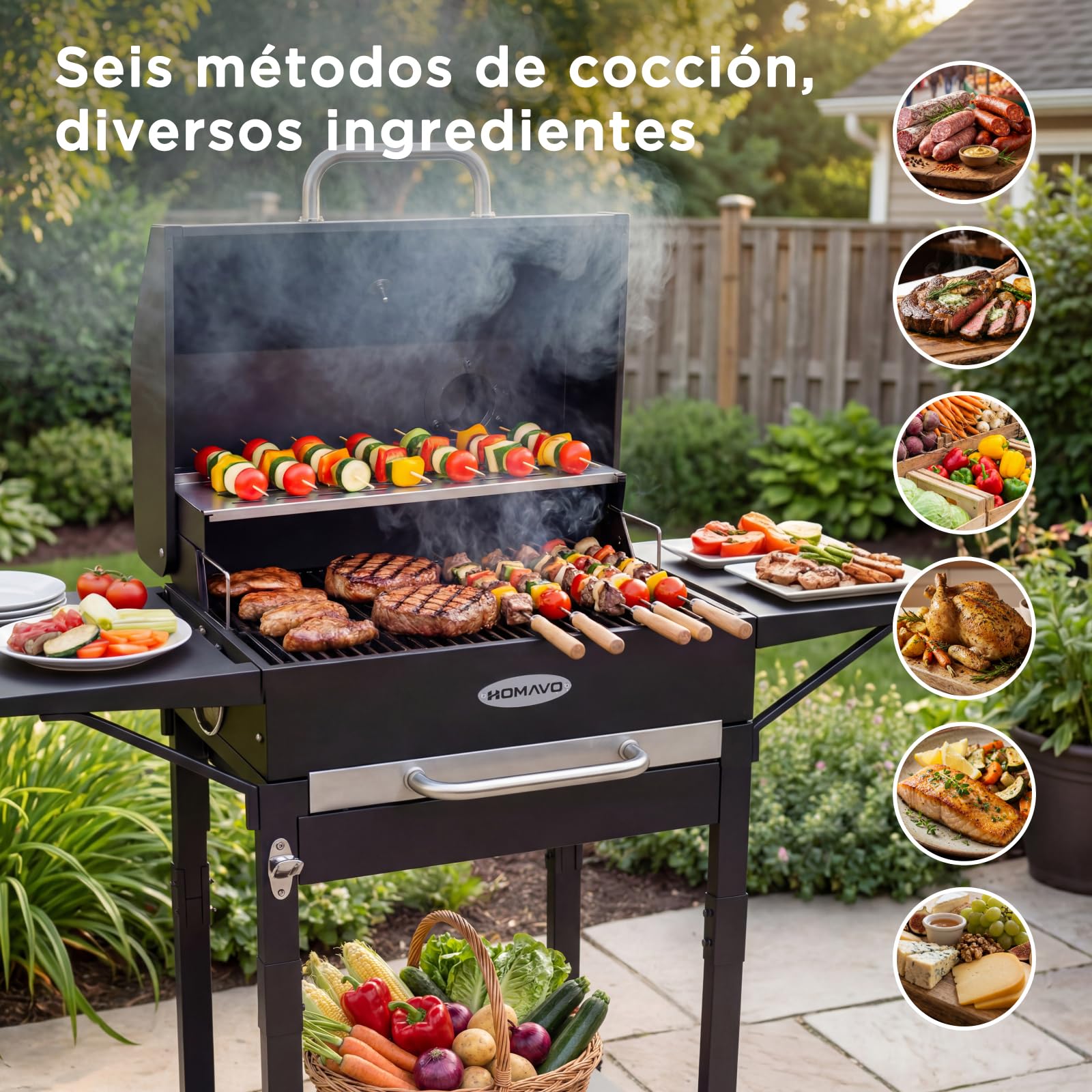 HOMAVO Barbacoa de Carbón, Parrilla con Tapa de Acero de 45×32 cm, Bandeja Ajustable en Altura, Mesa Lateral, Termómetro — view 7