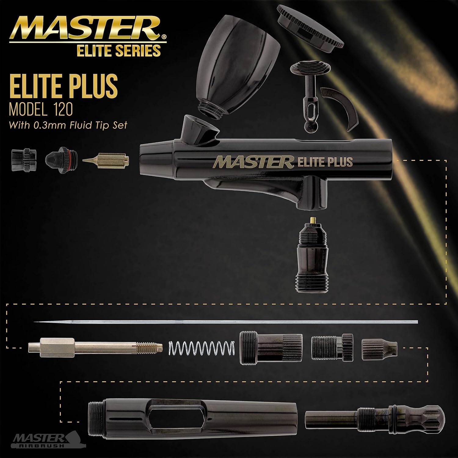 Master Elite Plus Airbrush Set, Model 120 - Elite Level Spray Performance Dual-Action Gravity Feed Airbrush Kit with Case, 0.3mm Tip, 2 Cups, Filter - Auto-Graphics, Art, Cake, Tattoo, Craft Hobby