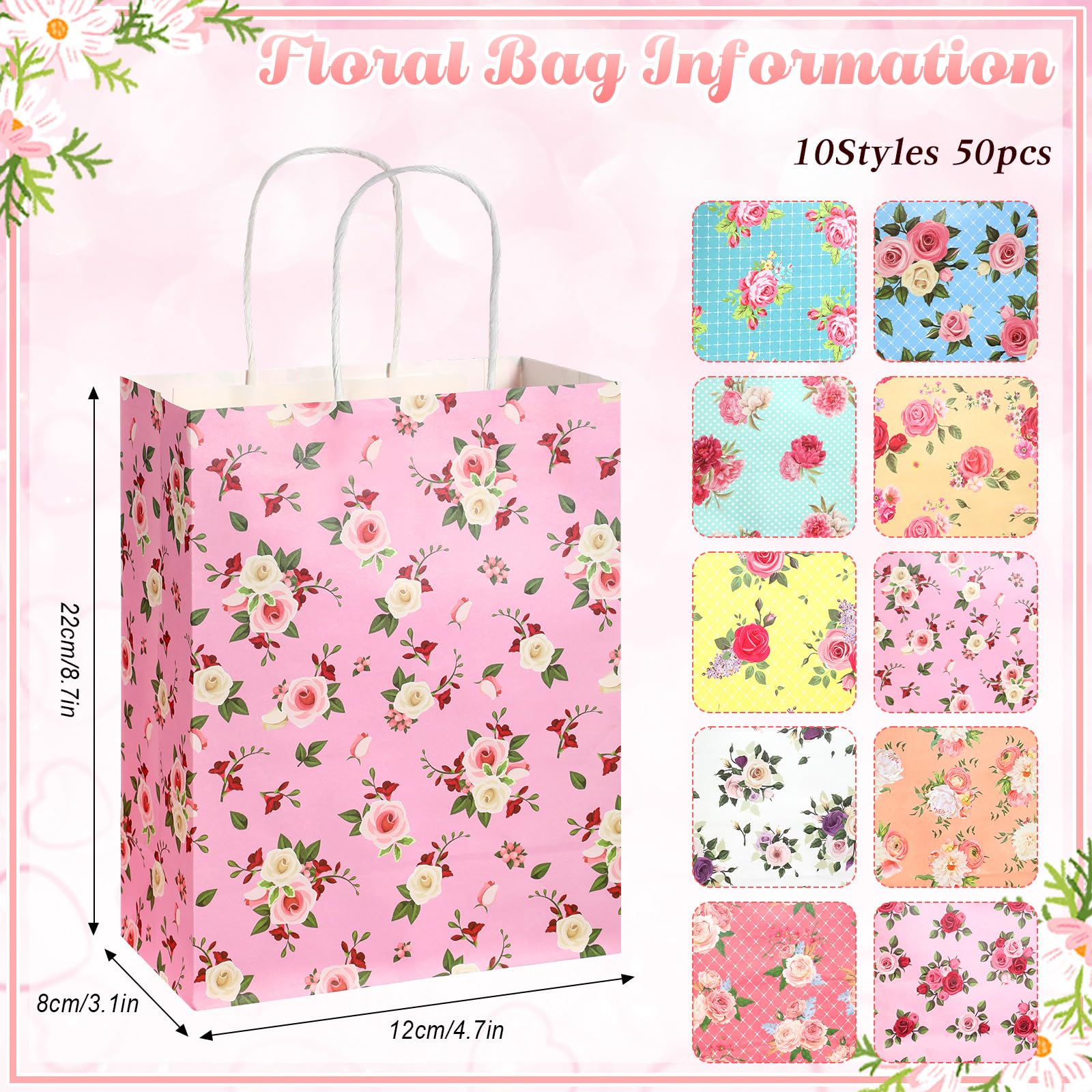 Geyoga 50 Stück Blumen-Geschenktüten mit Griffen, 10,5 x 8,5 x 4,5 cm, mittelgroße Papier-Geschenktüten, Vintage-Blumen-Geschenktüten, Papiertüten mit buntem Rosen-Blumendruck, für Blumenparty,