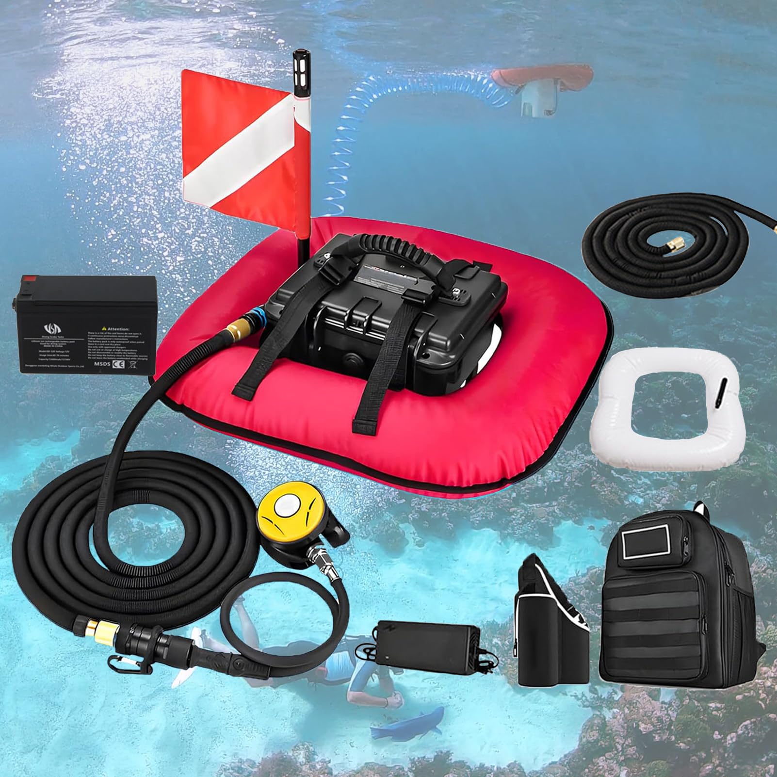 NzEupno Diving Tanks Underwater Breathing Ventilator, Scuba Diving Ventilator System, 52L/min Without Tank Oxygen Portable Device, Waterproof Air Compressor Red-2Battery