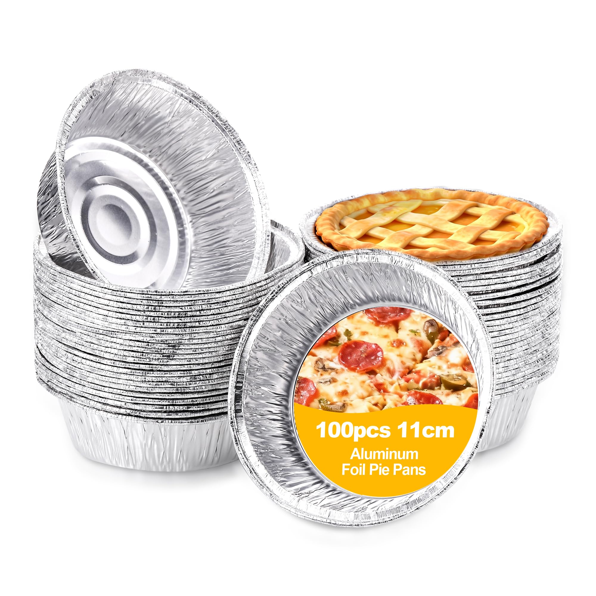 Hejo 100 Pack Round Aluminium Foil Pie Dishes, 11cm Diameter Small Pie Tins