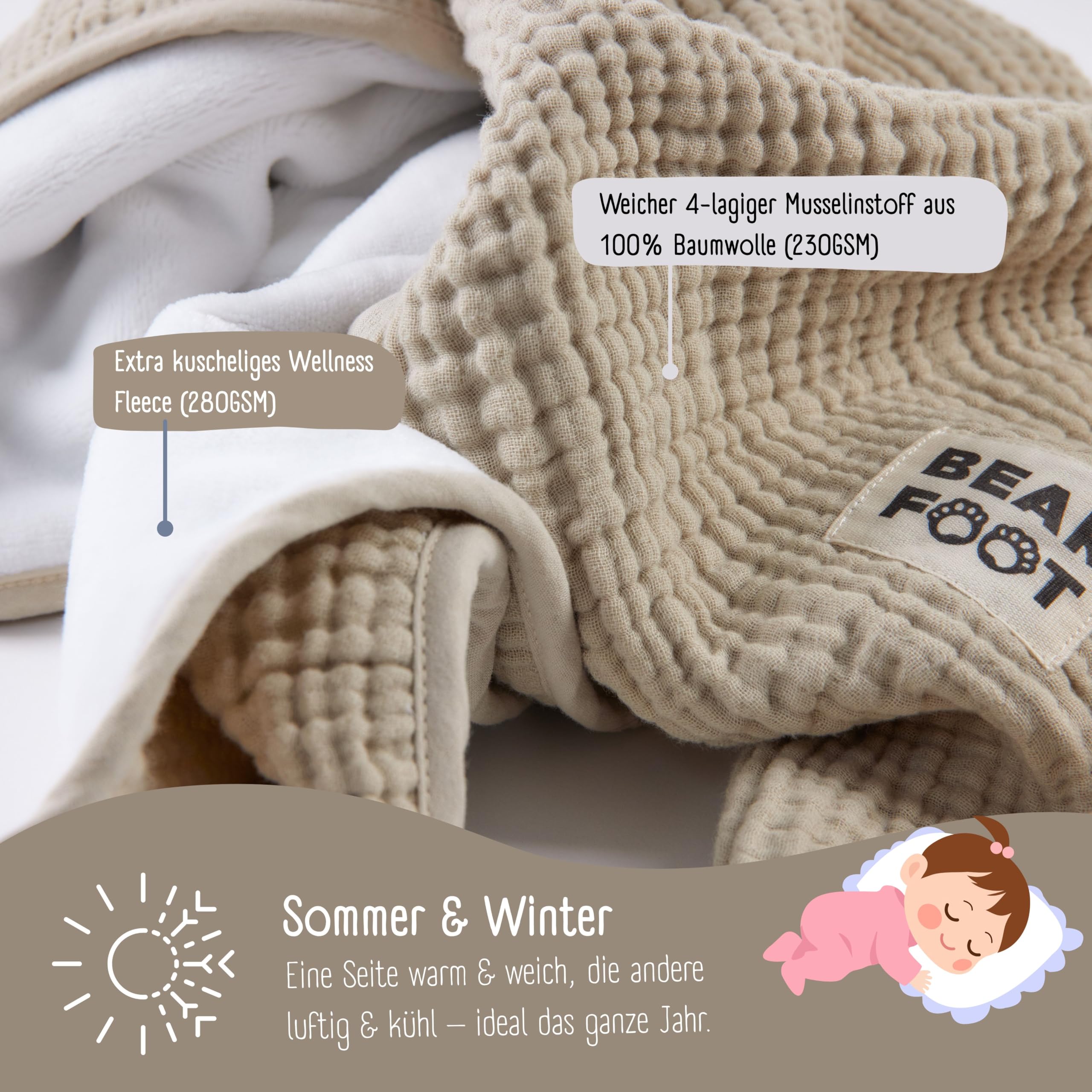 BEARFOOT Musselin Babydecke, Fleecedecke aus Baumwolle, flauschig (Summer Sand) | Flauschig weiche Kuscheldecke für Baby & Neugeborene, Geschenk für Junge & Mädchen zur Geburt