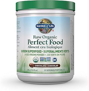 Garden of Life Raw Organic Perfect Food Green Superfood Chocolate 285 Gram Chocolate. Raw Organic Perfect Food is packed with 40 nutrient-dense ingredients, including freshly harvested greens that are low-temperature dried to lock in nutrition, along with sprouts, fruits & veggies, plus enzymes for digestion. 3.5 g of Organic Farmed Greens per scoop plus fruits, vegetables, sprouts and seeds