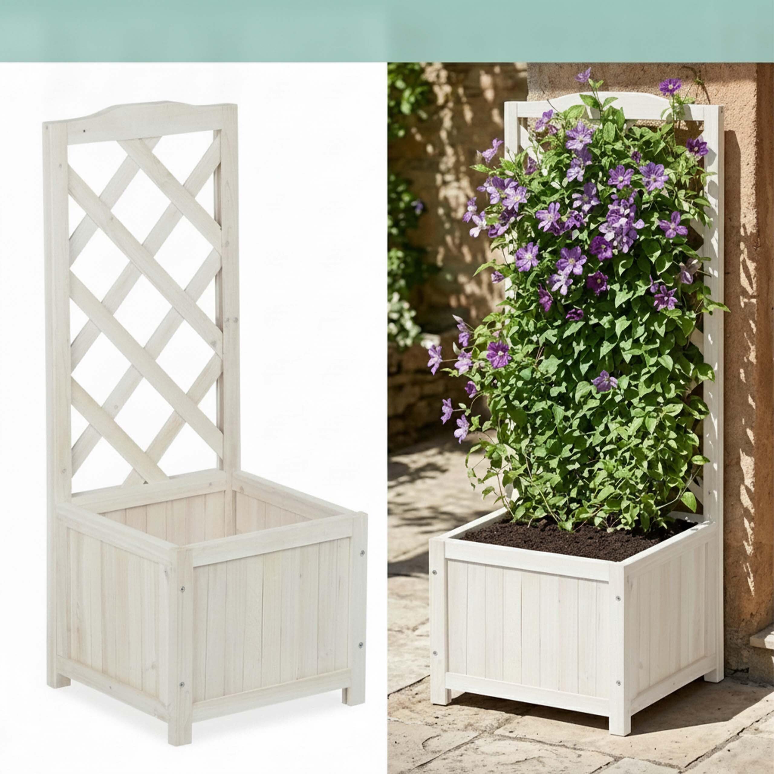 Relaxdays Fioriera con Spalliera, Impermeabile, in Legno, per Balcone, Giardino, Rose, Portavasi 20 l, 90 cm, Bianco