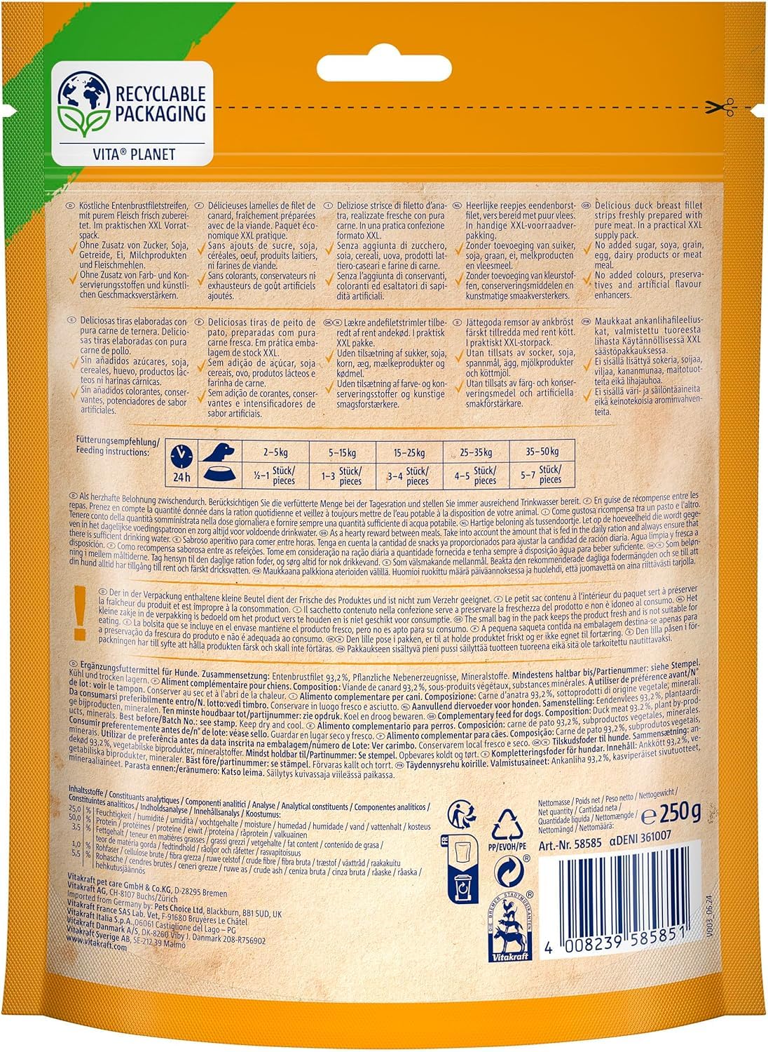 Vitakraft Pure Duck XXL Filet, Hundeleckerli, Entenbrustfiletstreifen, Hunde Trainingsleckerli, ohne Zusatz von Zucker (6x 250g)