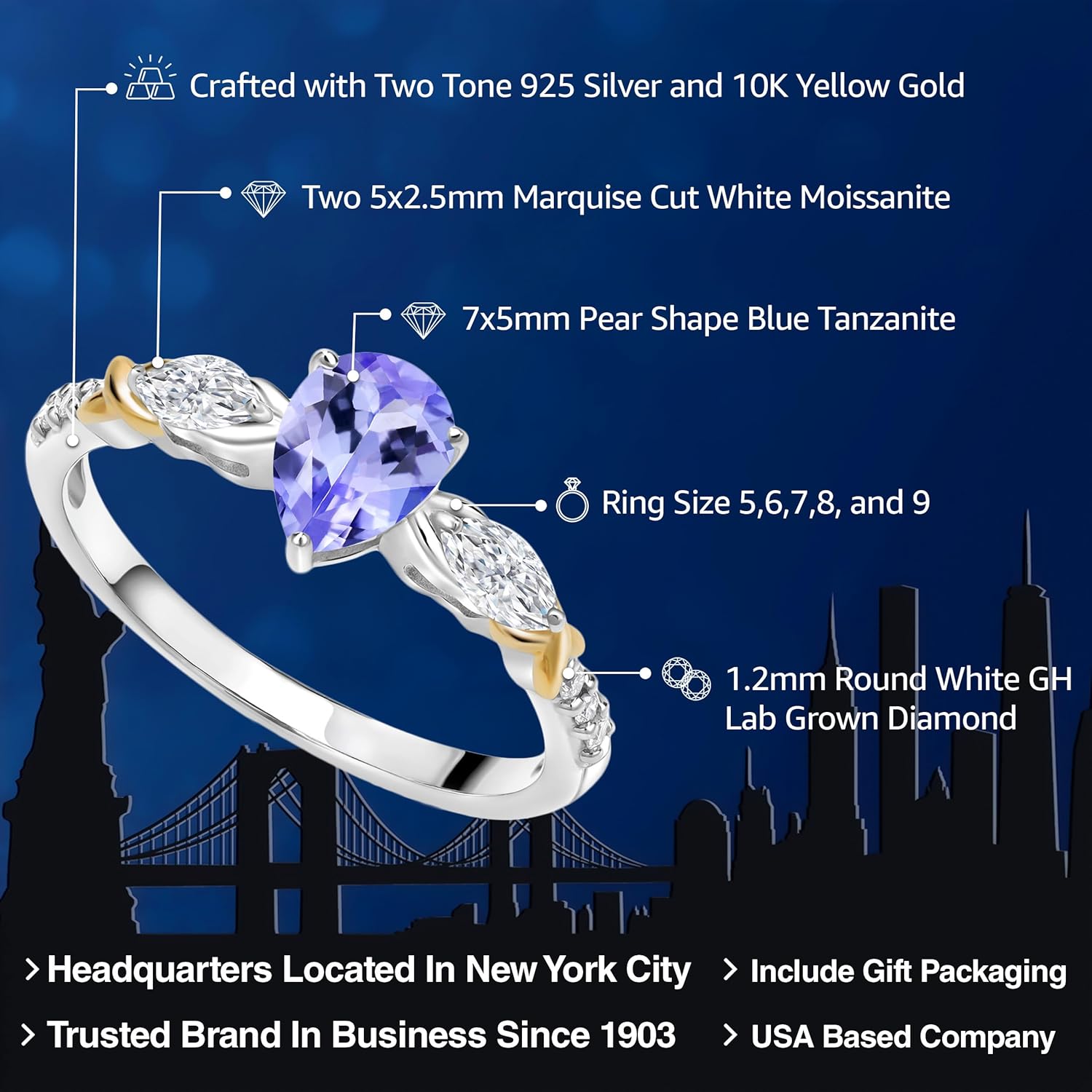 Gemstone Birthstone, Moissanite and Lab Grown Diamond Two-Tone Engagement Ring for Women | 925 Silver 10K Yellow Gold | Pear 7X5MM, Marquise 5X2.5MM, Round 1.2MM | Wedding Anniversary Promise Ring