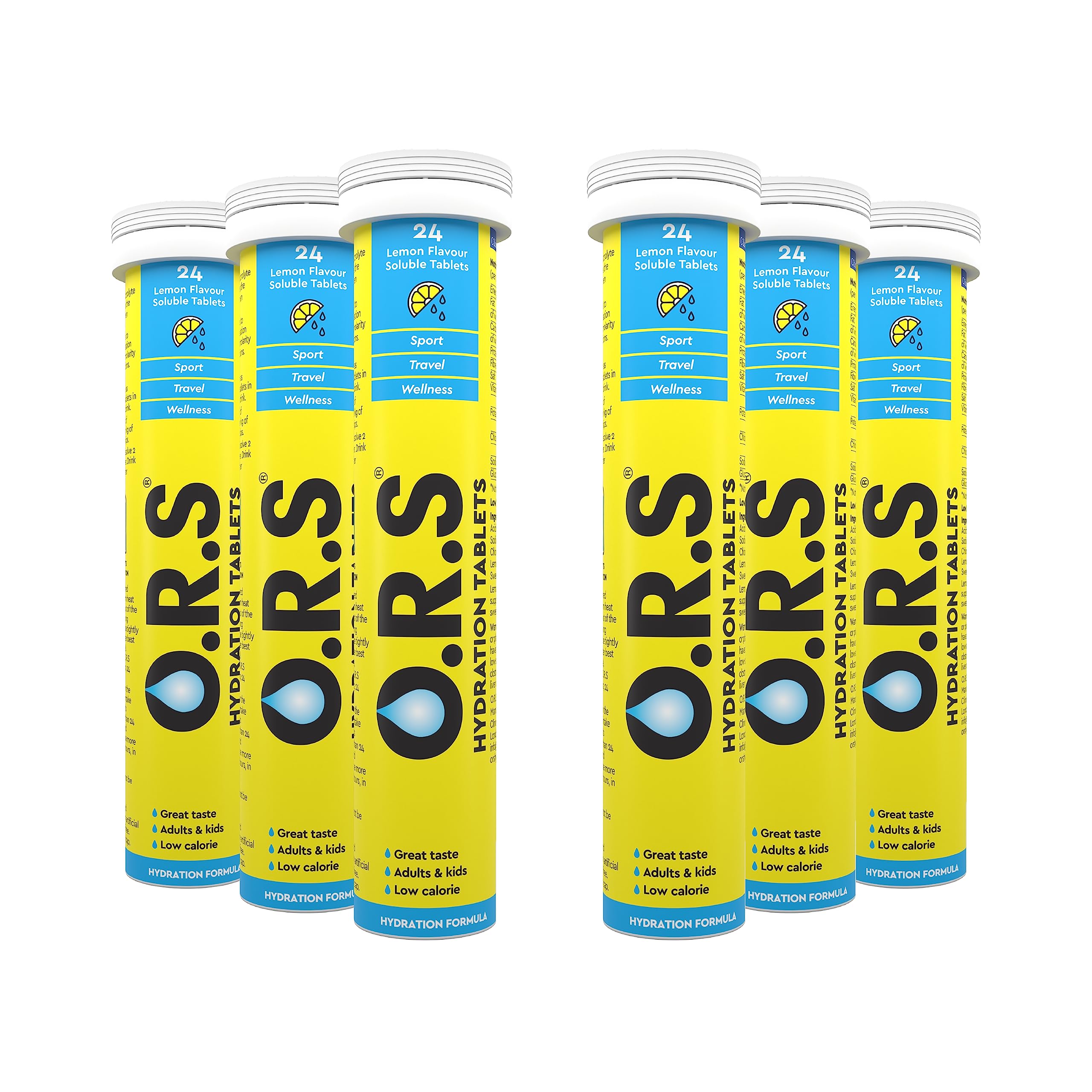 O.R.S Tablettes d'Hydratations avec Électrolytes, Minéraux et Glucose, Végan, Composition Sans Gluten et Lactose - Goût Naturel de FLAVOUR (Citron), 144 Tablettes, 72 portions (Pack de 6 x 24).