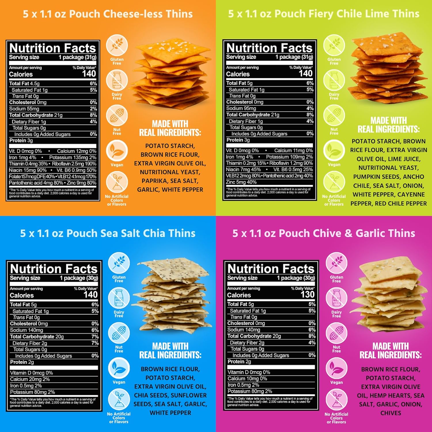Every Body Eat Snack Thins Variety Pack - Gluten Free, Dairy Free, Vegan, Seed Oil Free, School Safe Lunch Snacks (20 Count 1.1oz Single Serve)