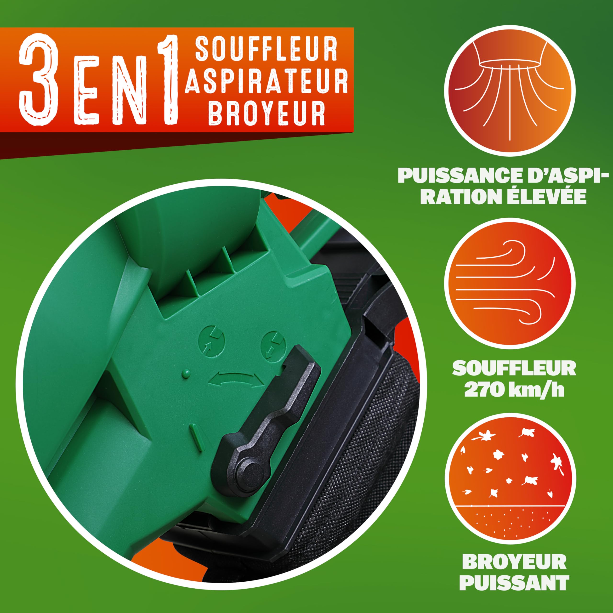 GARDEBRUK® Aspirateur Souffleur Broyeur Électrique 3en1 3000W 270 km/h Bac 45L