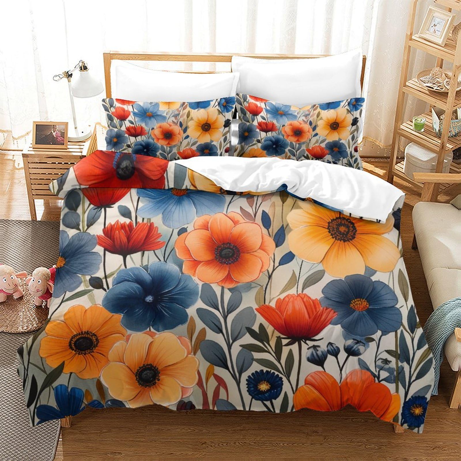 Parure de lit 3D fleurs aquarelle en microfibre douce 260x220 cm avec taies d'oreiller