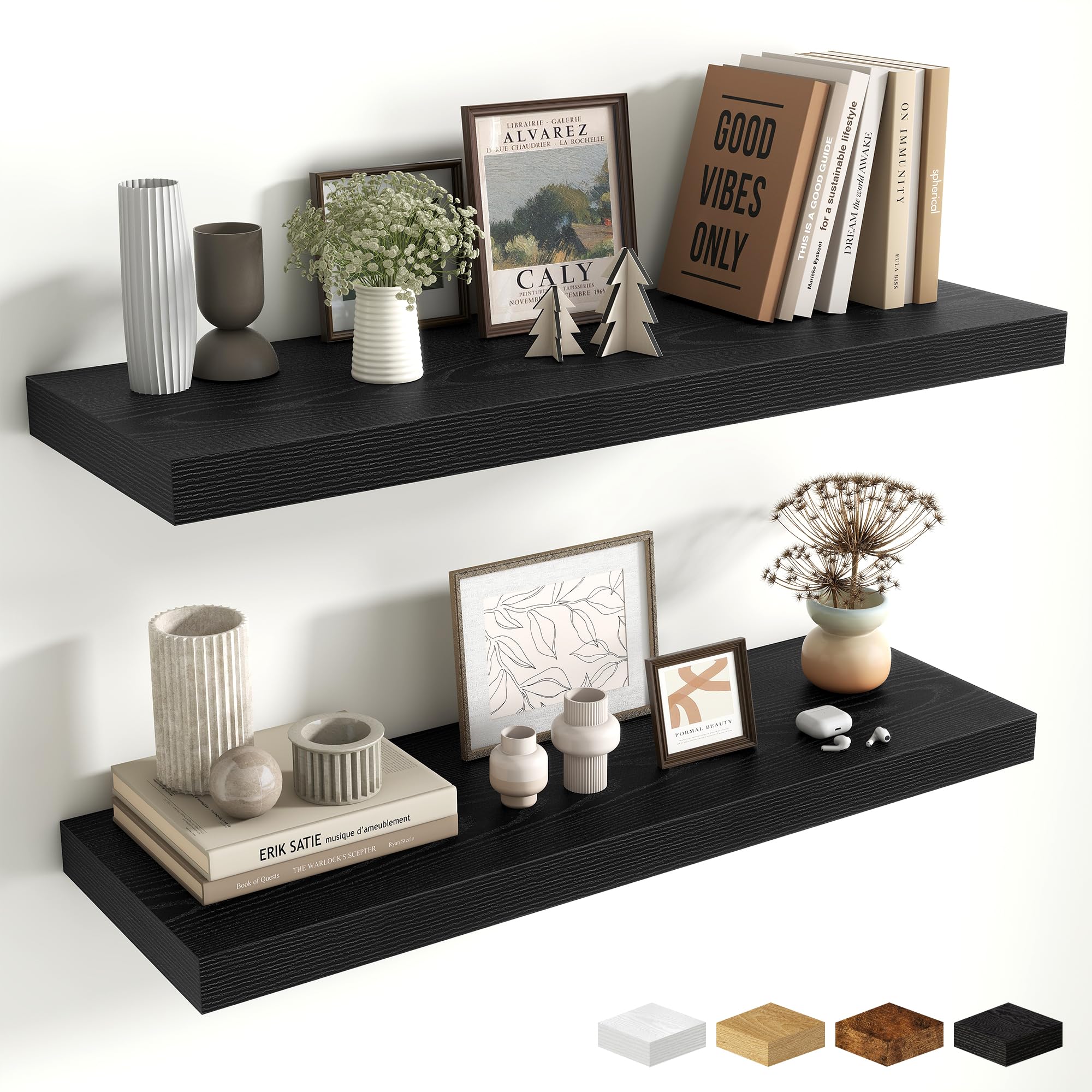 Fun Memories Floating Shelves for Wall, 32 Inch Long Floating Shelves Set of 2, 32 x 10 Wooden Shelvs for Wall, Large Storage Shelves, Hanging Shelves for Bathroom Kitchen Bedroom, Black โ image 1