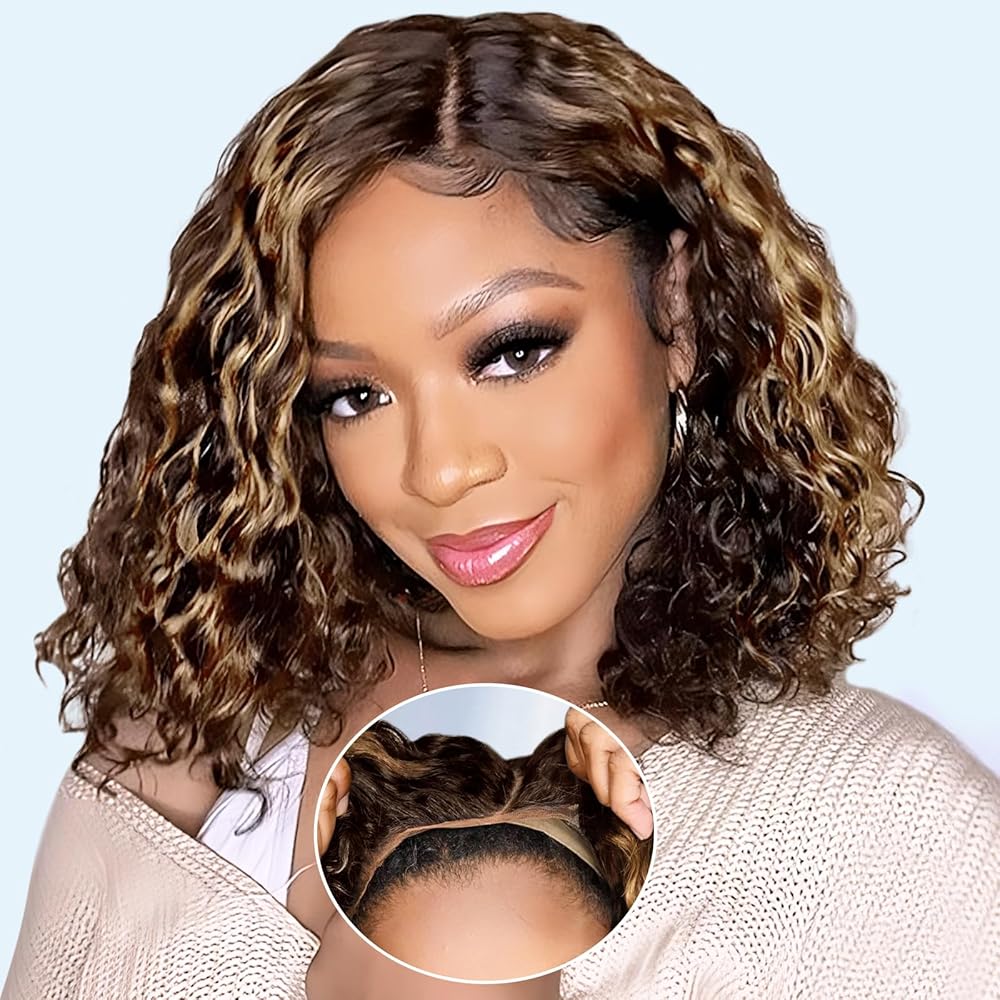 Eyefanniy Glueless Wigs Human Hair pre plucked Pre Cut Blonde Highlights Short Curly Bob Lace Front Wigs for Black Women 4x4 Lace Closure Wig with Elastic Band for Beginners 12 Inch
