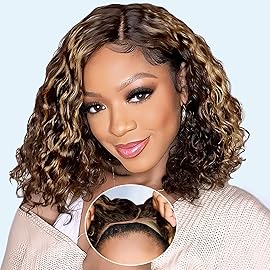 Eyefanniy Glueless Wigs Human Hair pre plucked Pre Cut Blonde Highlights Short Curly Bob Lace Front Wigs for Black Women 4x4 Lace Closure Wig with Elastic Band for Beginners 12 Inch