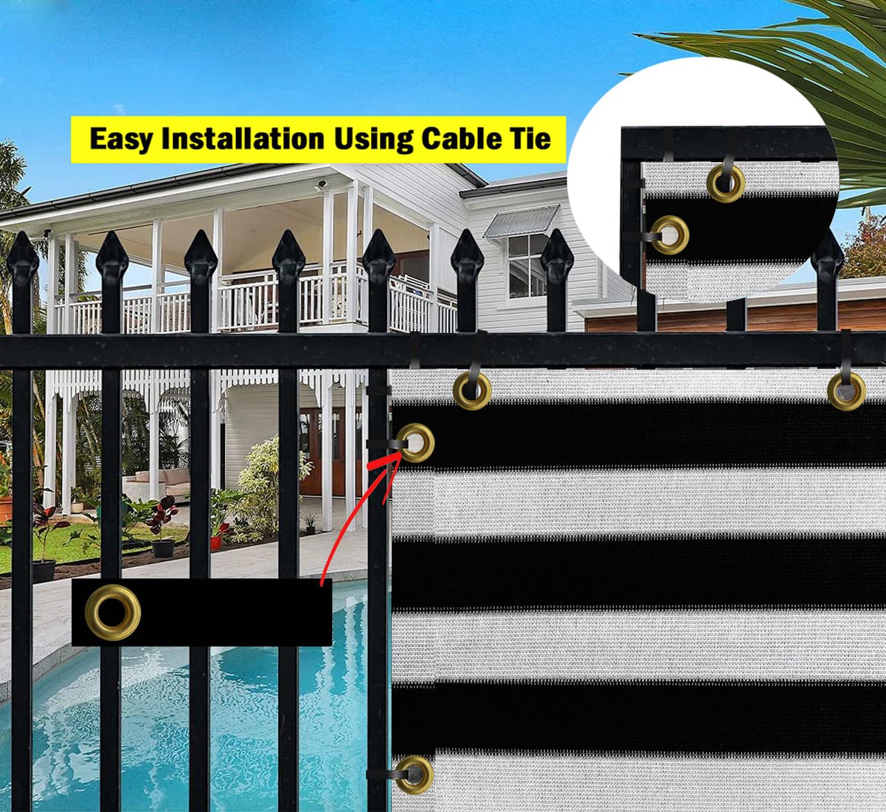 GREEN DECOR HDPE Stripe Self Fold Balcony Net with SS Eyelets & Cable Ties|UV Resistant, & Breathable Baby Kids Safety Net for Balcony,Staircase Railing Guard (Black&White Color, 0.90X4 MTR) 3